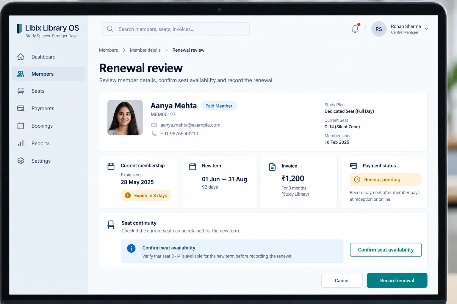 Libix Library OS focused membership renewal review with payment and seat continuity status