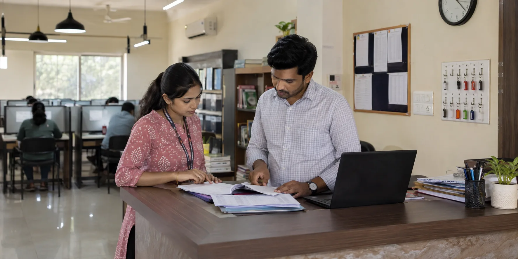 Indian study-library owner and reception staff reviewing month-end records
