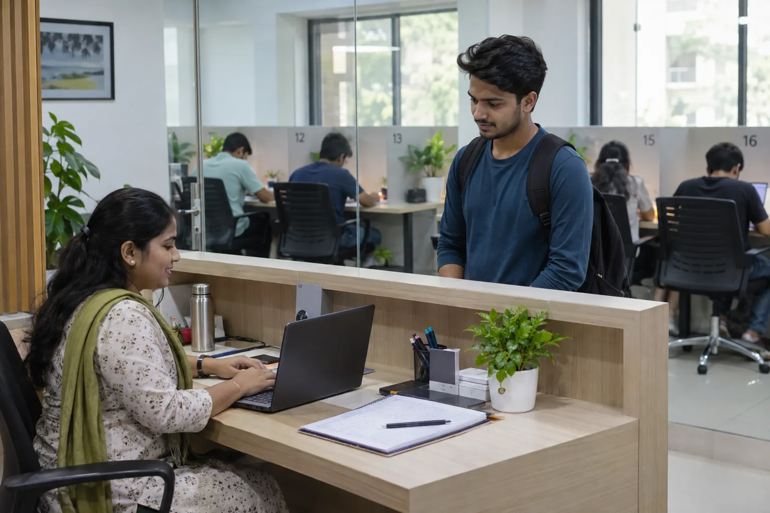 Indian study-library staff member manually checking in an adult member at the reception desk