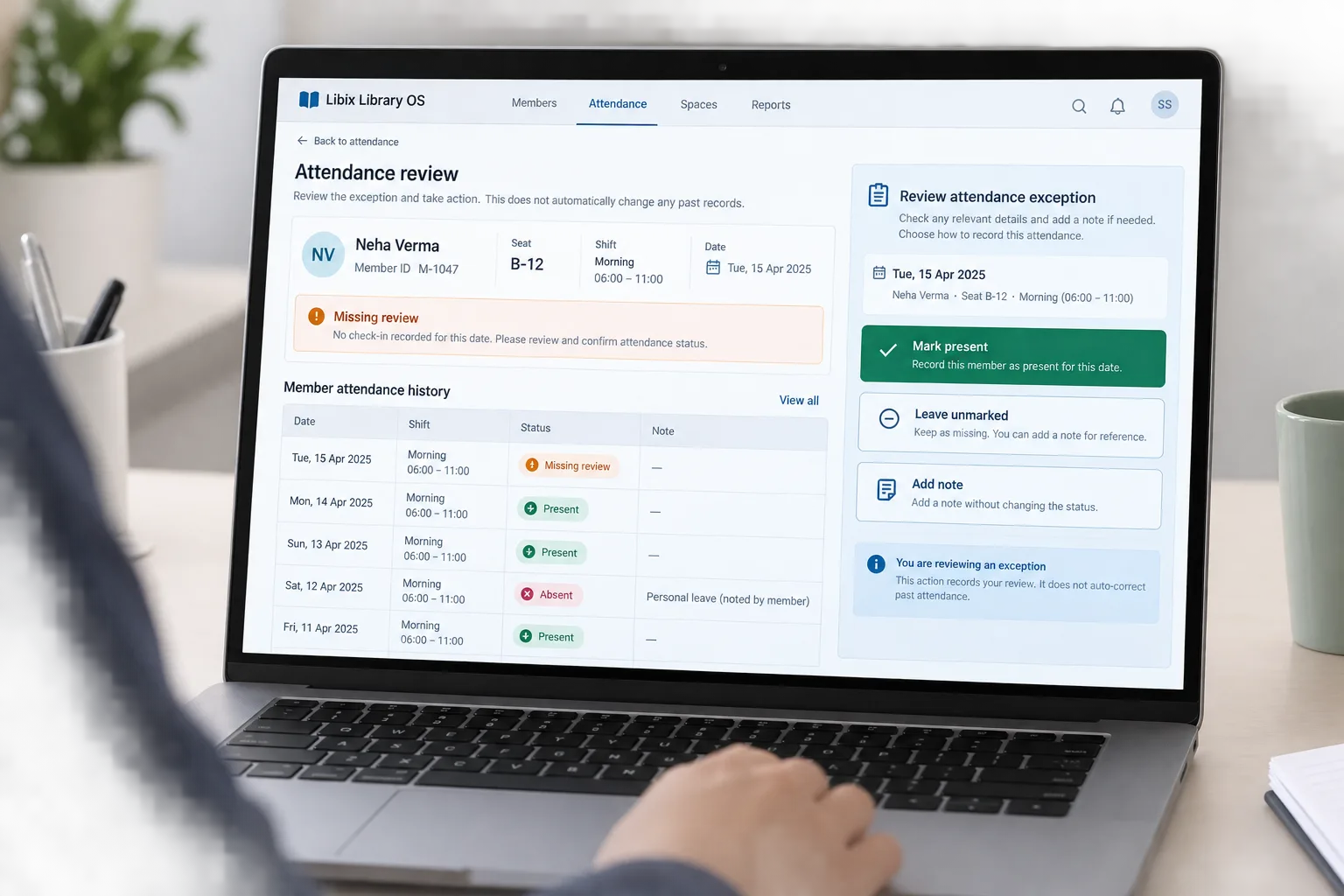 Libix Library OS attendance exception review with member history and staff actions