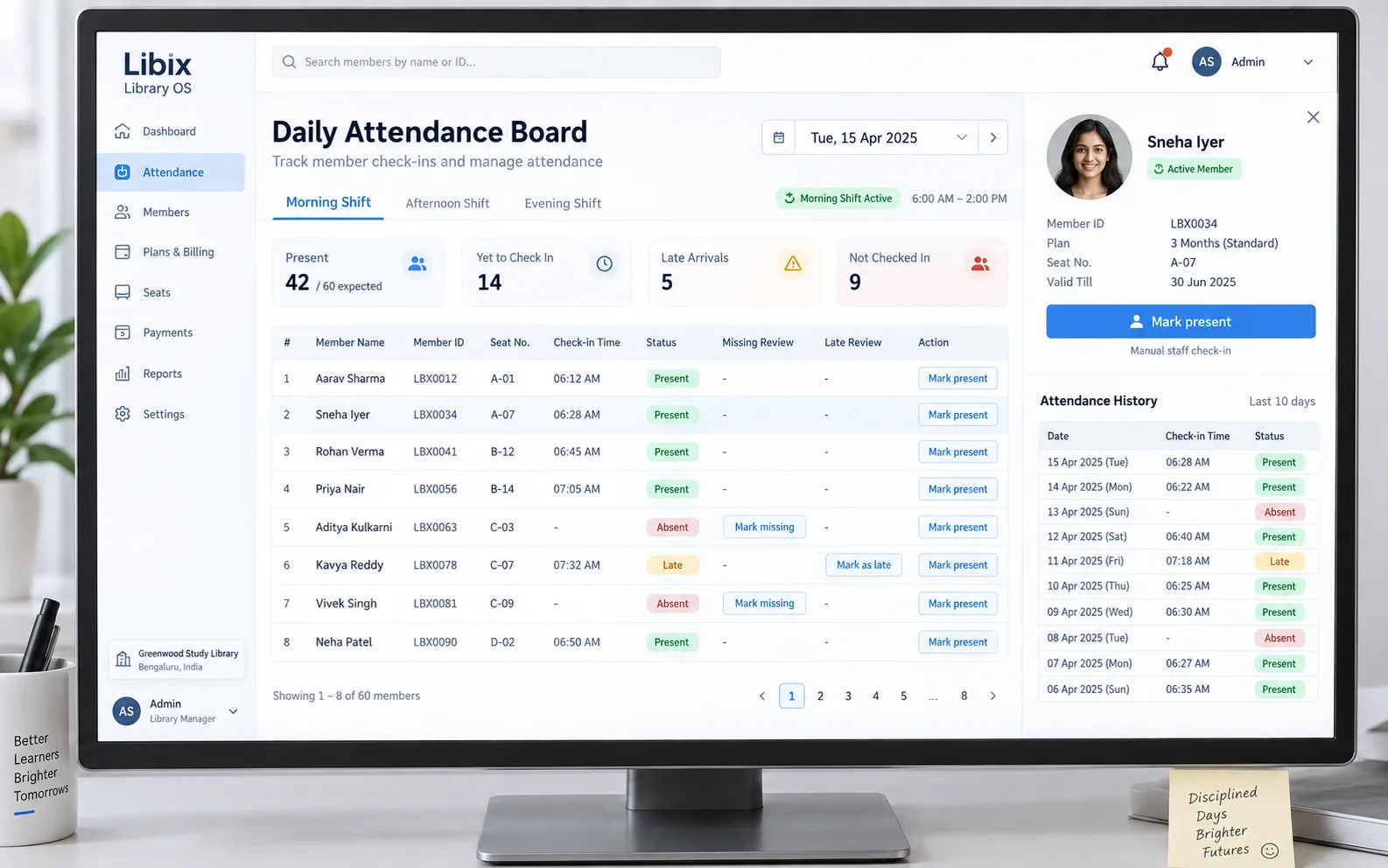 Libix Library OS daily attendance board showing check-in statuses and member history
