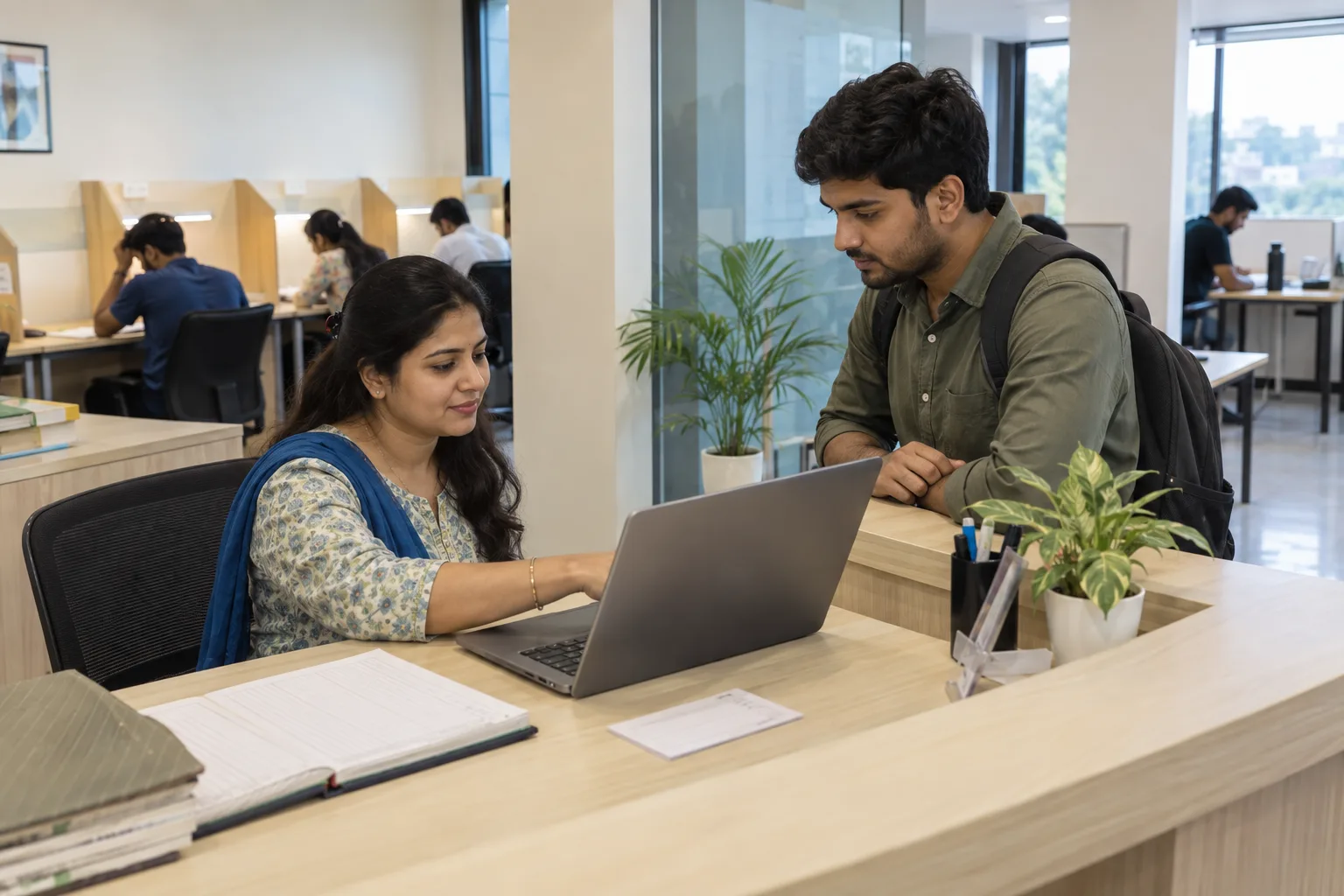Indian study-library staff reviewing a private payment entry with an adult member