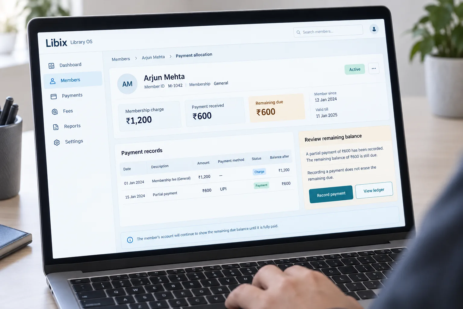 Libix Library OS payment allocation view showing a partial payment and remaining due balance