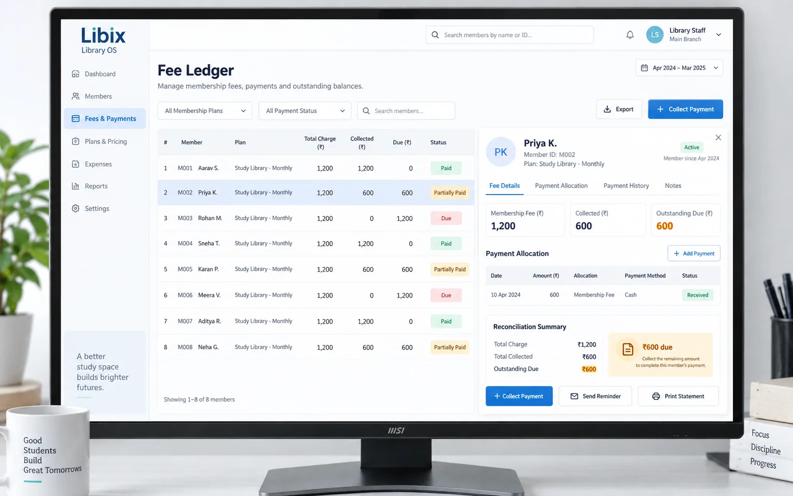Libix Library OS fee ledger showing charges, collected amounts, due balances and reconciliation context