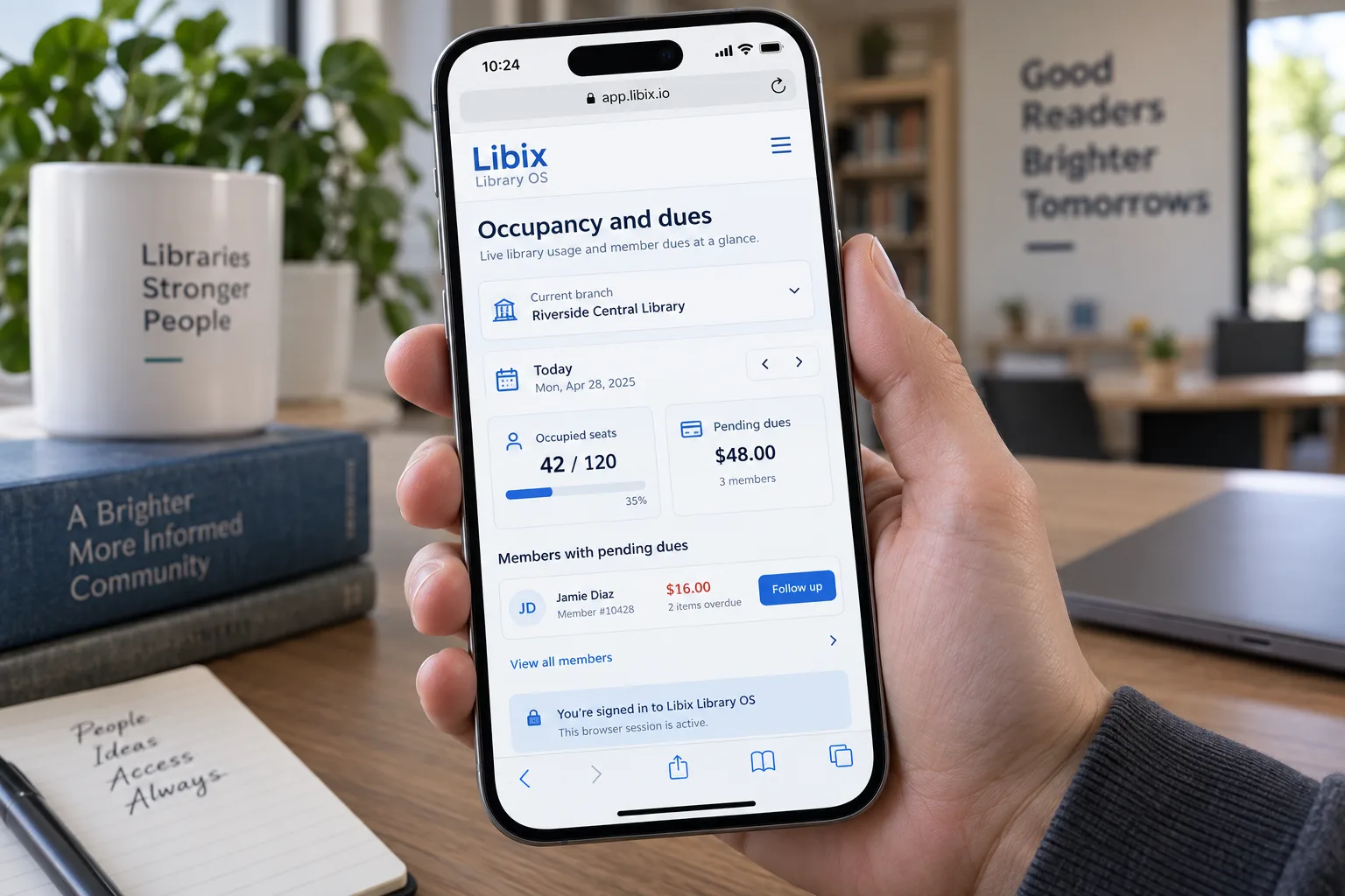 Libix Library OS phone-first occupancy and dues view with current branch and follow-up action