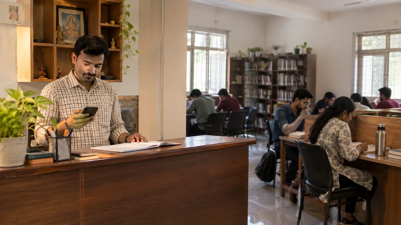 Indian study-library owner checking a phone at reception while members continue studying