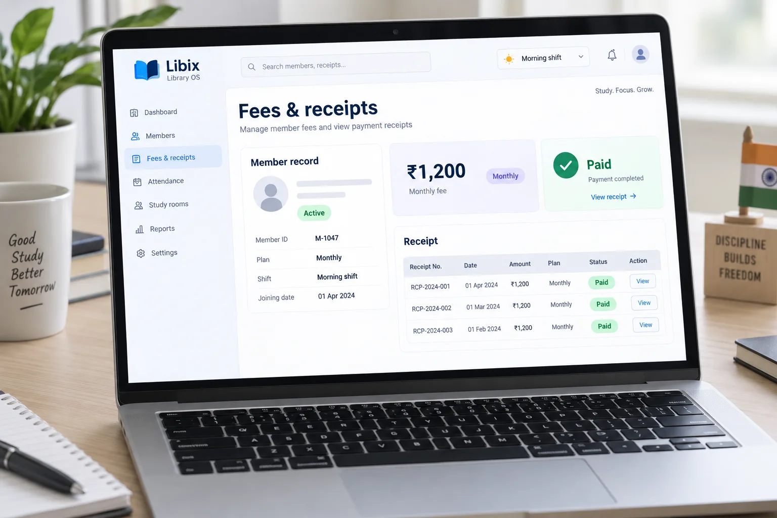 Libix Library OS laptop view showing Indian rupee fees, receipts and a study-library member record