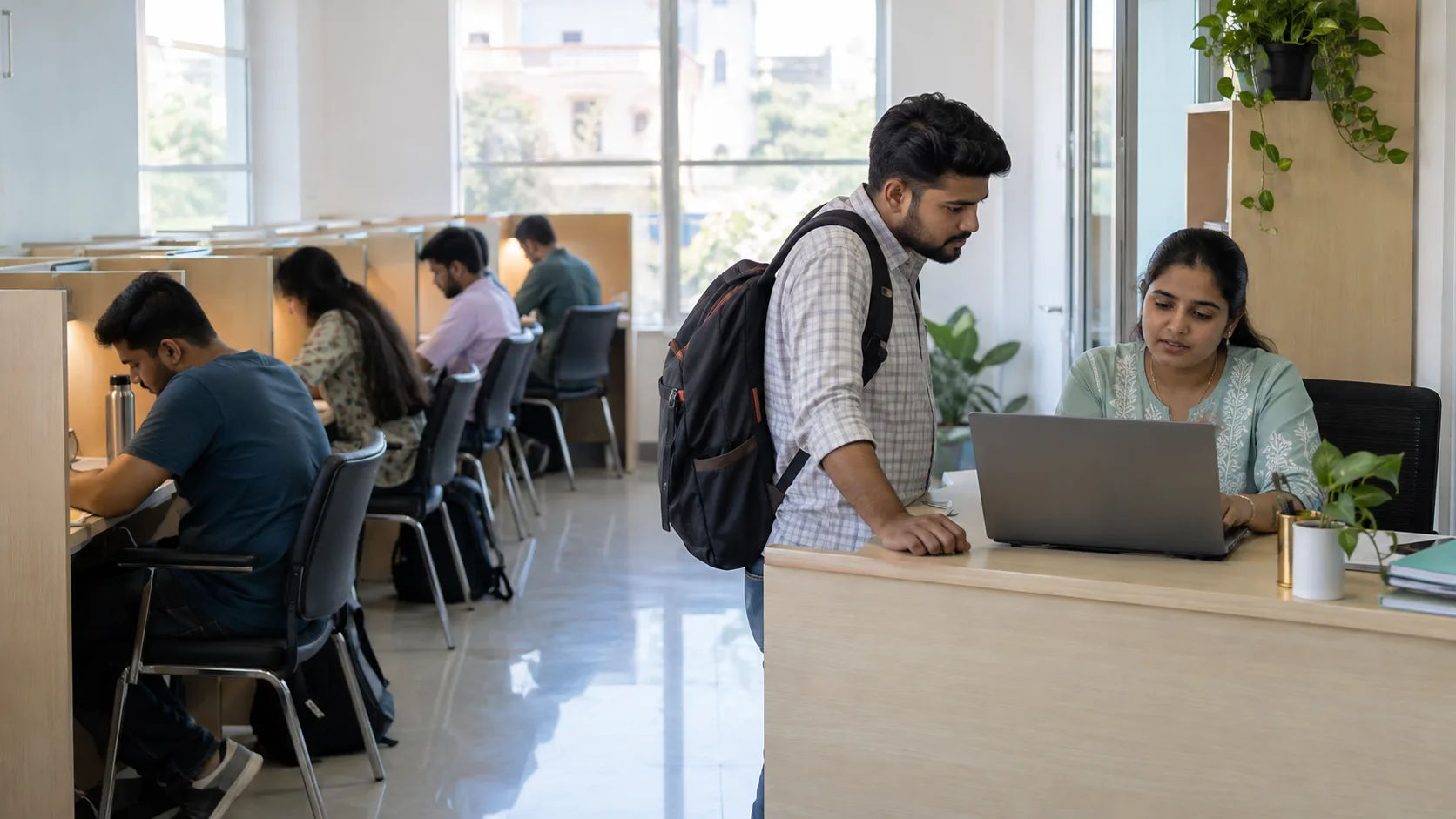 Indian study-library staff member helping an adult member allocate a seat