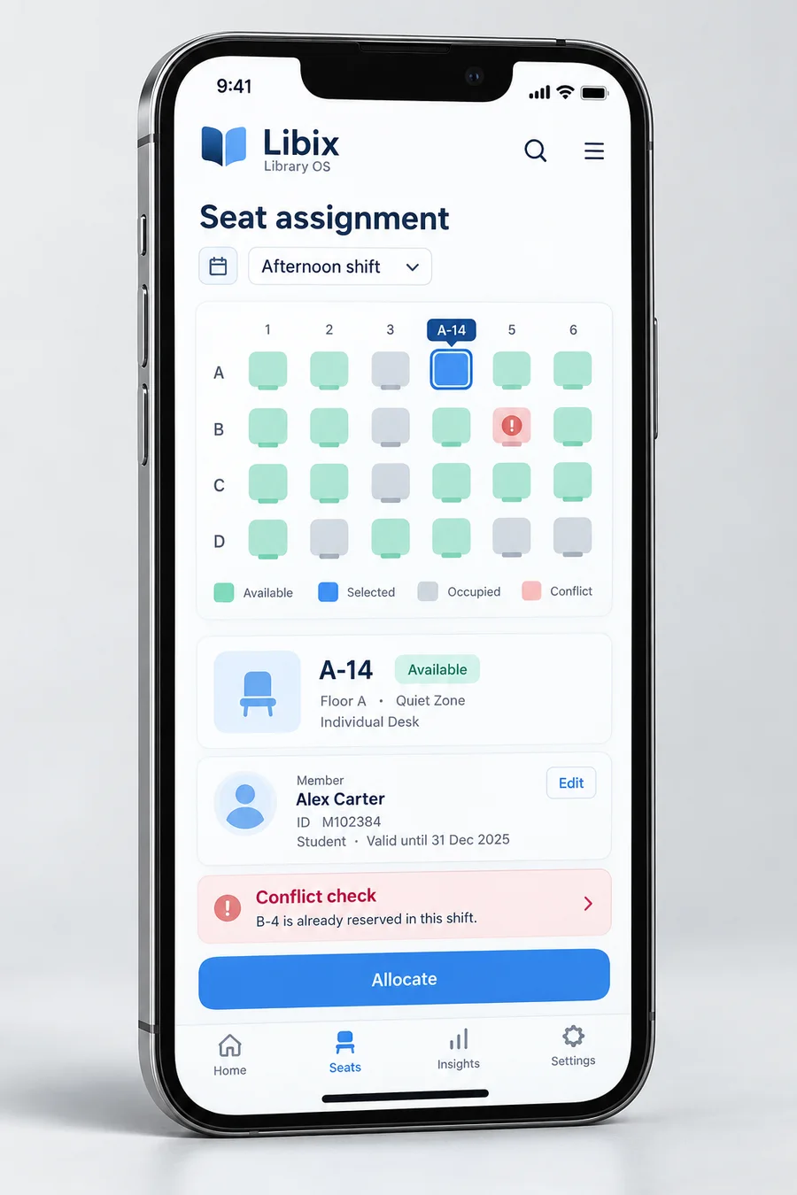 Libix Library OS mobile seat assignment view with selected seat and conflict check