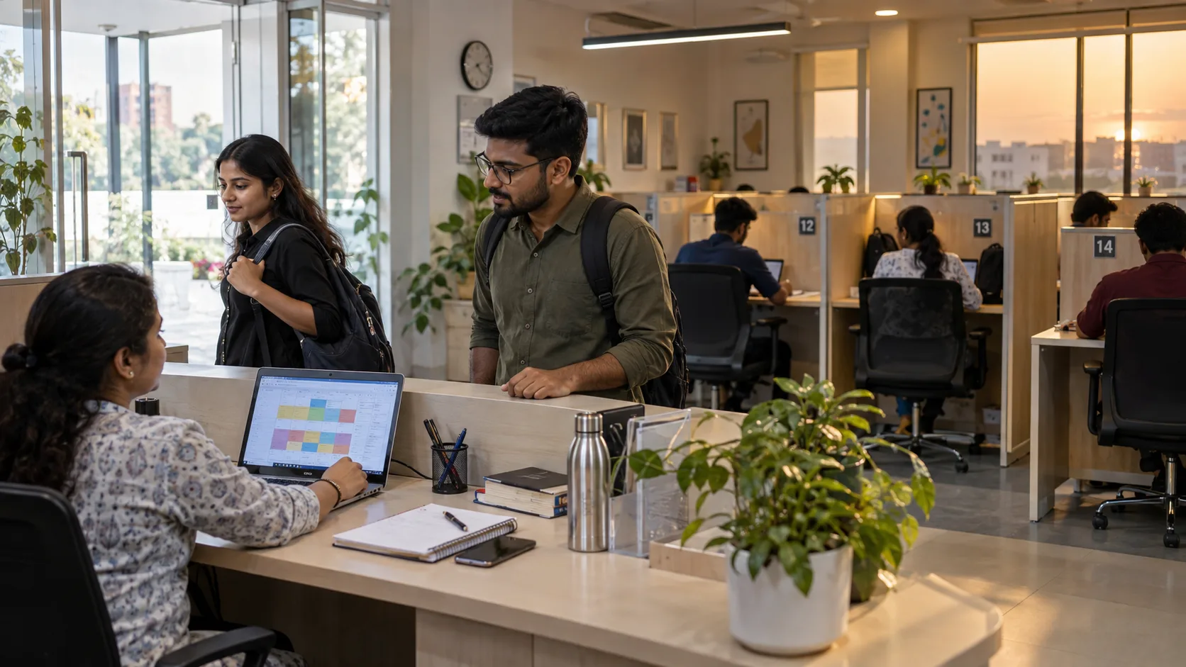 Indian study-library staff checking a shift schedule as morning and evening members transition