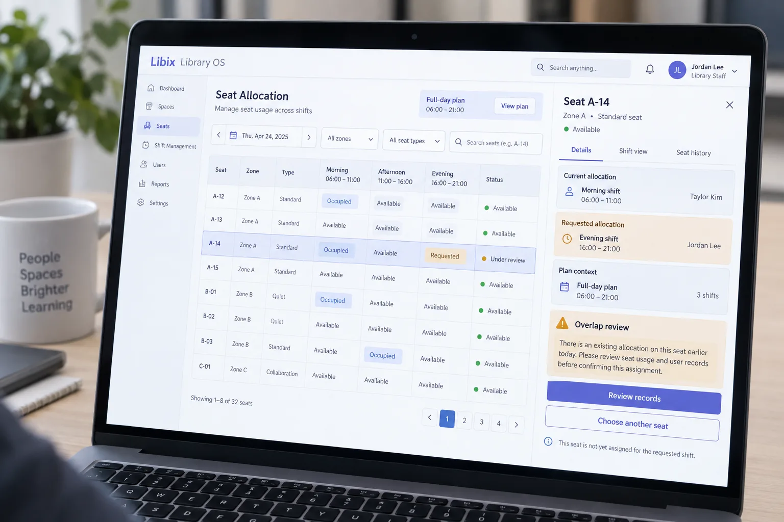 Libix Library OS allocation detail with overlap review and seat-by-time records