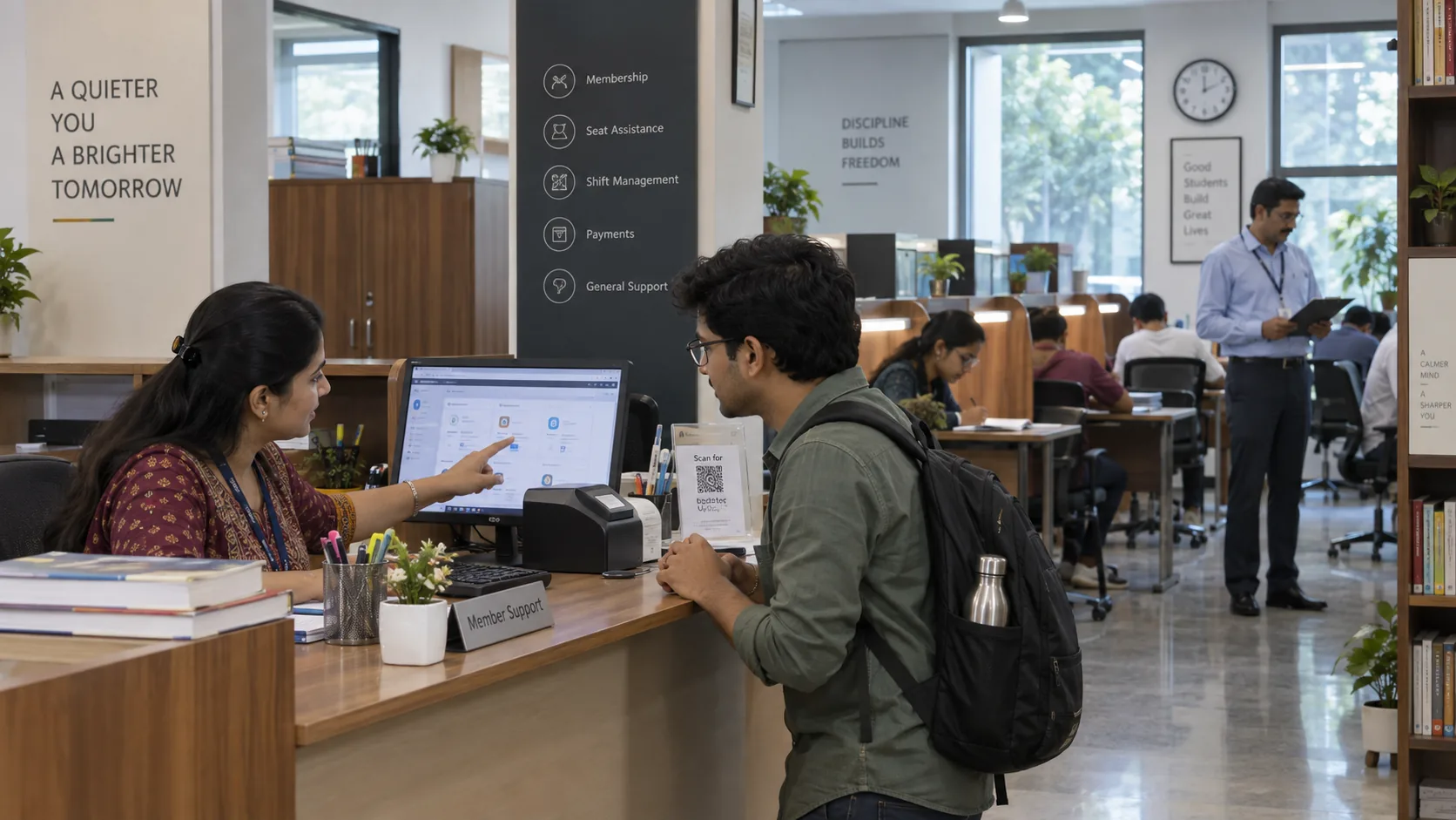 Adult staff and members in an Indian private study library environment