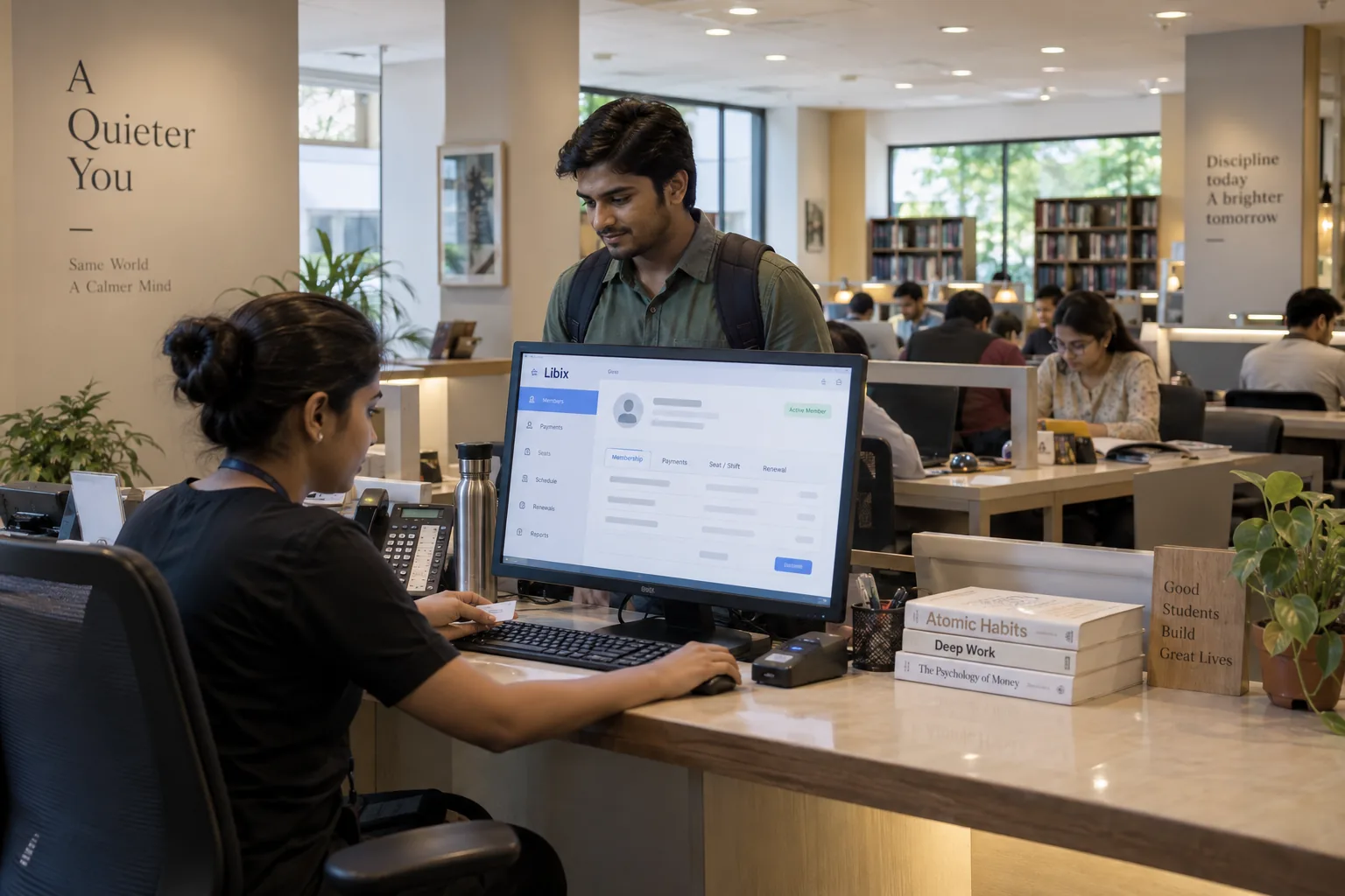 Study library staff using Libix for a connected membership workflow at an Indian reading room
