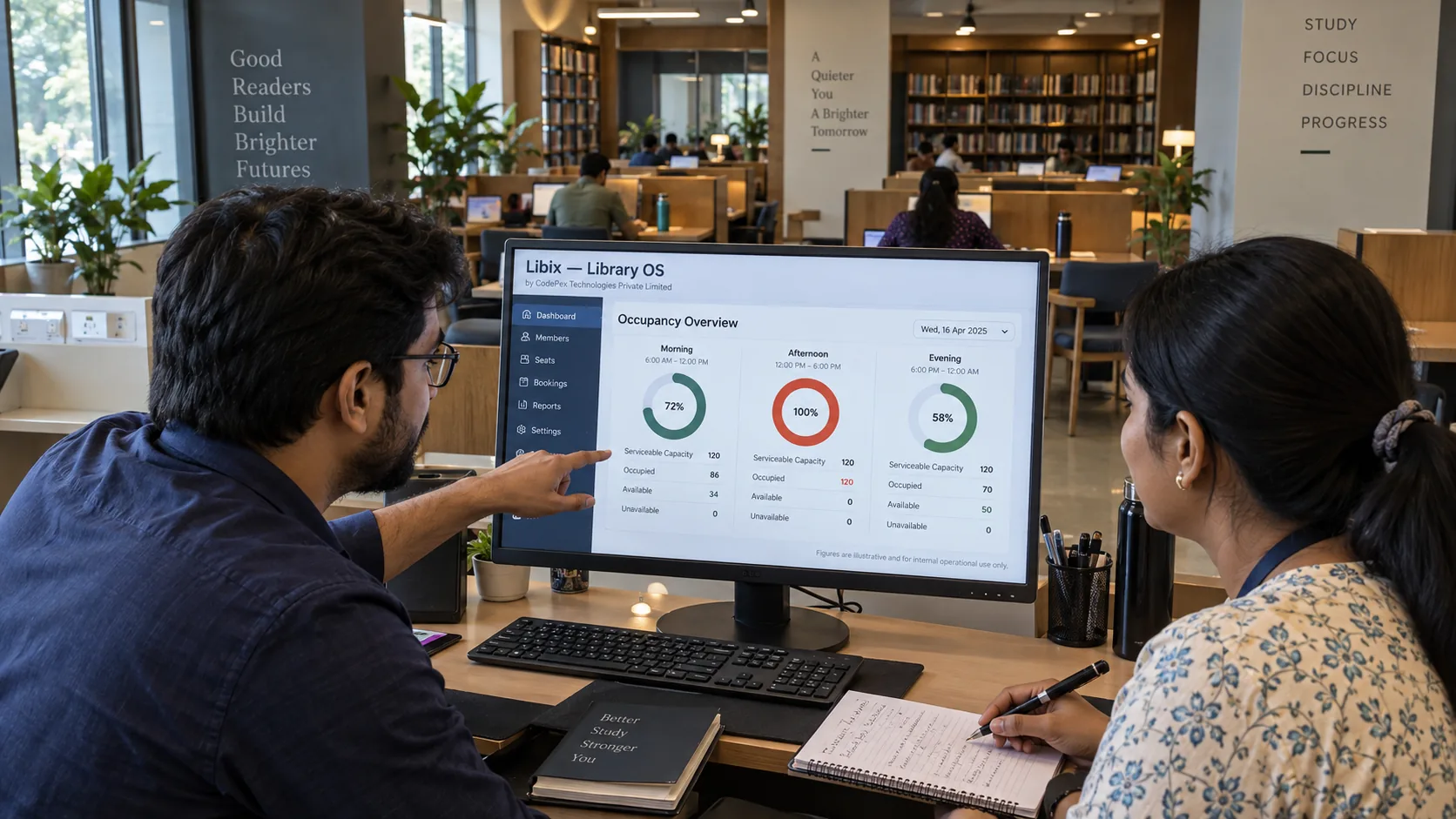 Study library manager comparing peak and off-peak occupancy patterns using Libix