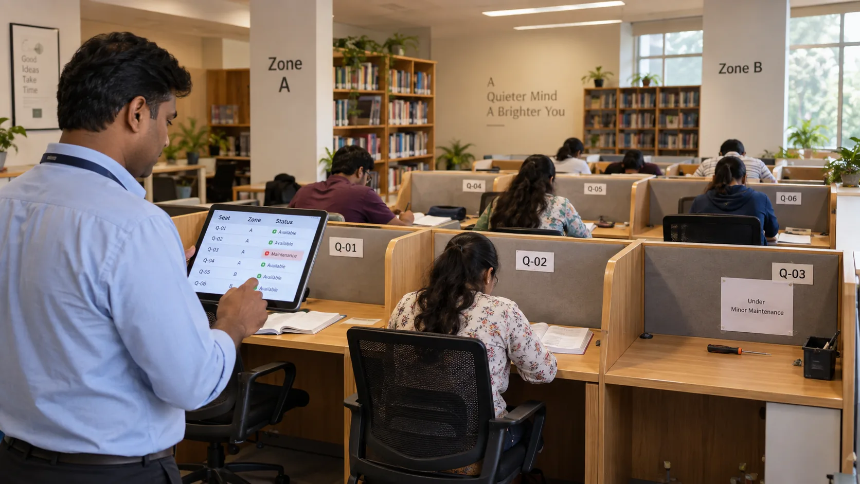 Study library manager reviewing enquiry follow-ups and next actions in Libix