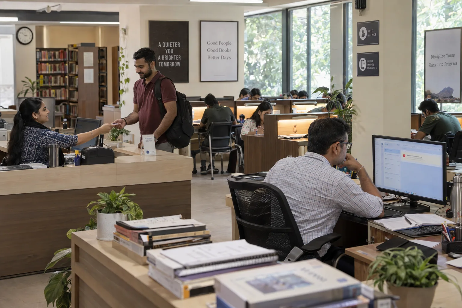 Study library manager reviewing an exception while staff continue routine operations