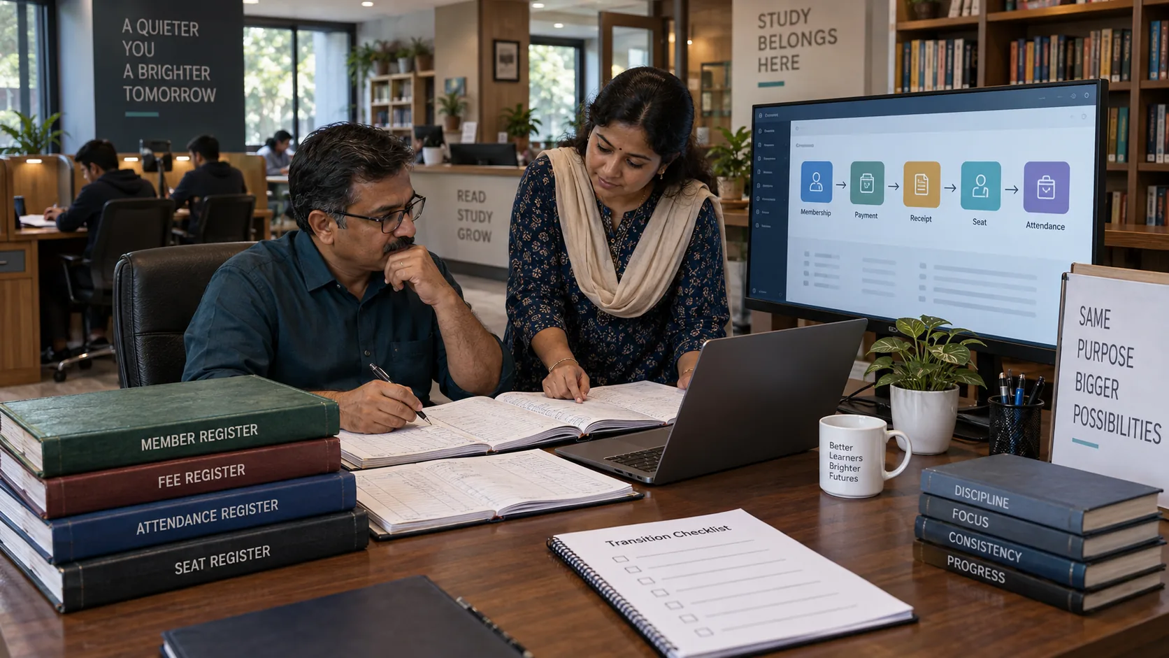 Study library staff reviewing paper registers while preparing structured transition to Libix Library OS