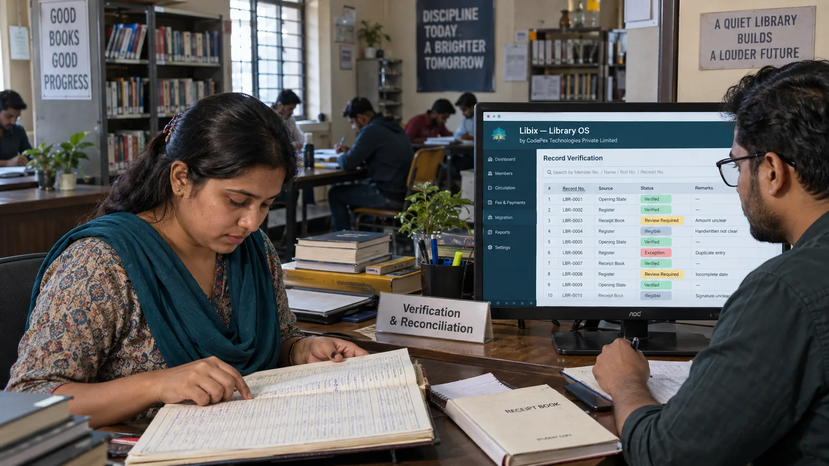 Study library staff verifying paper register data against a digital migration screen before cutover