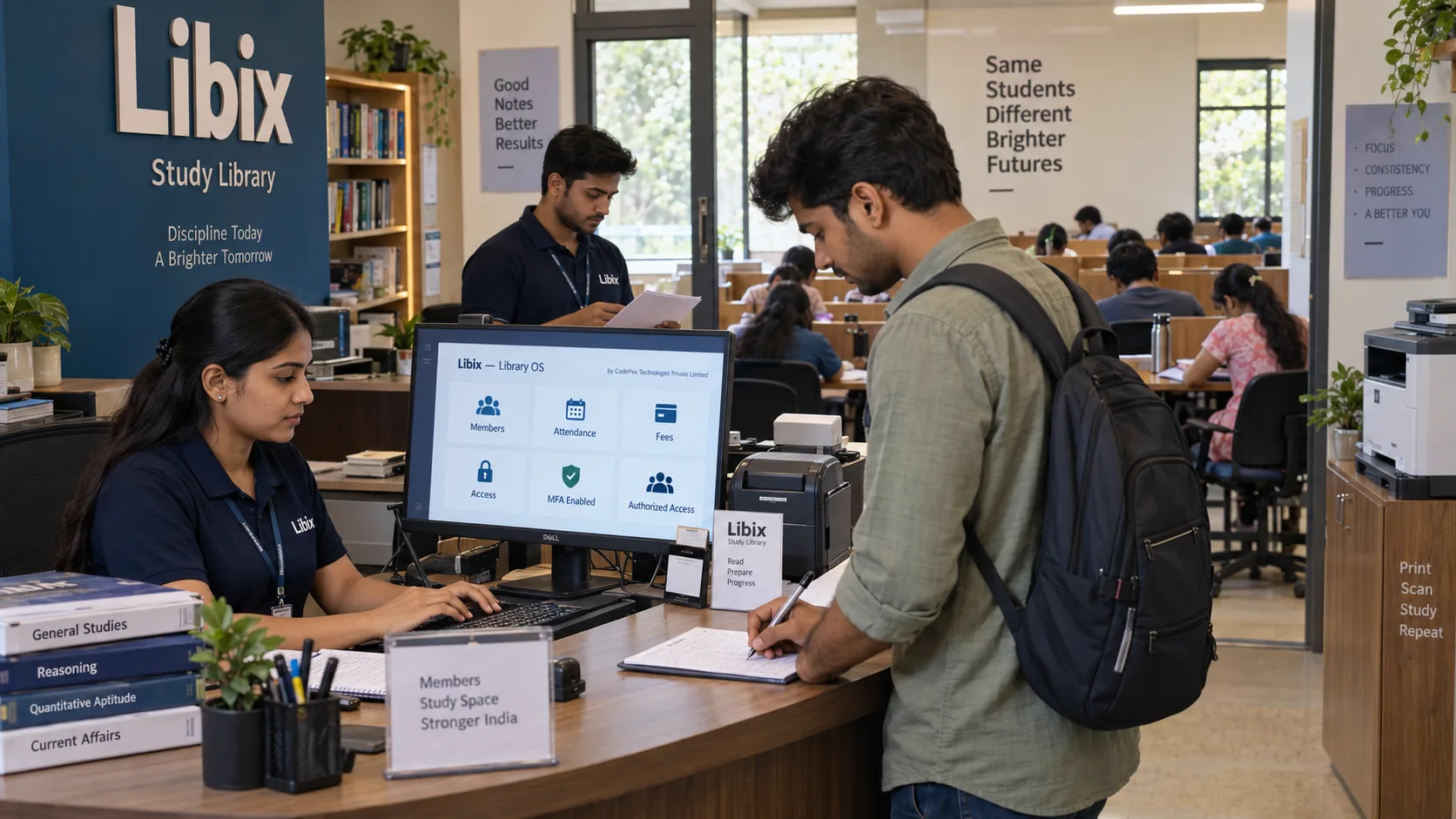 Young adult study library staff securely managing member and operational data using Libix in a Tier-2 or Tier-3 Indian study library