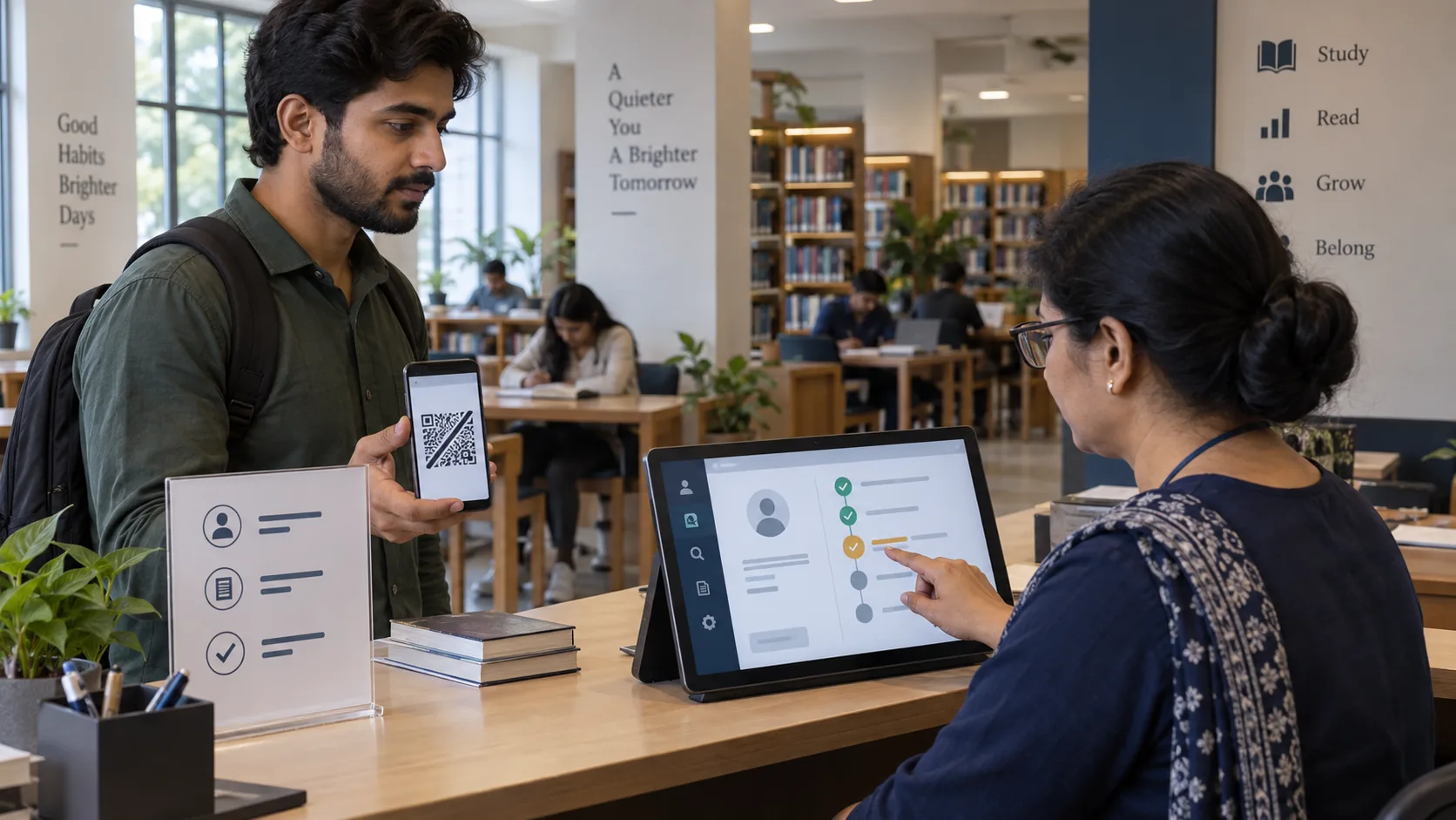 Study library QR attendance interface showing server validation before creating a check-in