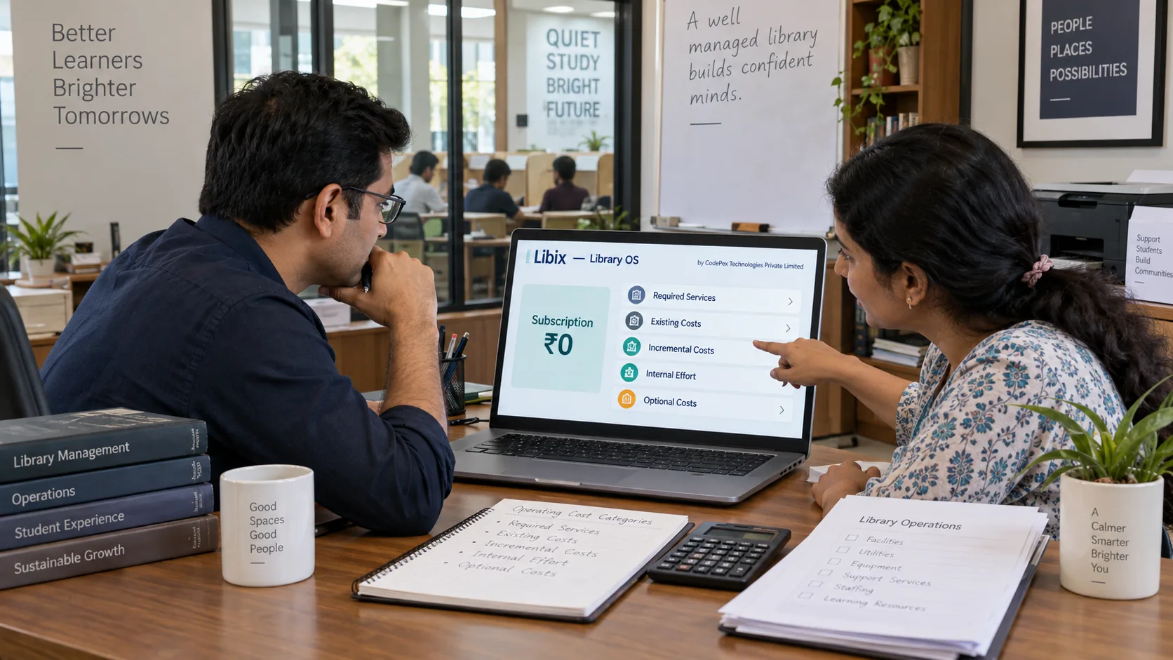 Indian study library owner comparing free software subscription with relevant operating costs