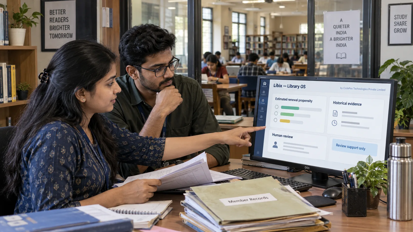 Study library manager reviewing renewal prediction evidence in Libix before deciding member outreach
