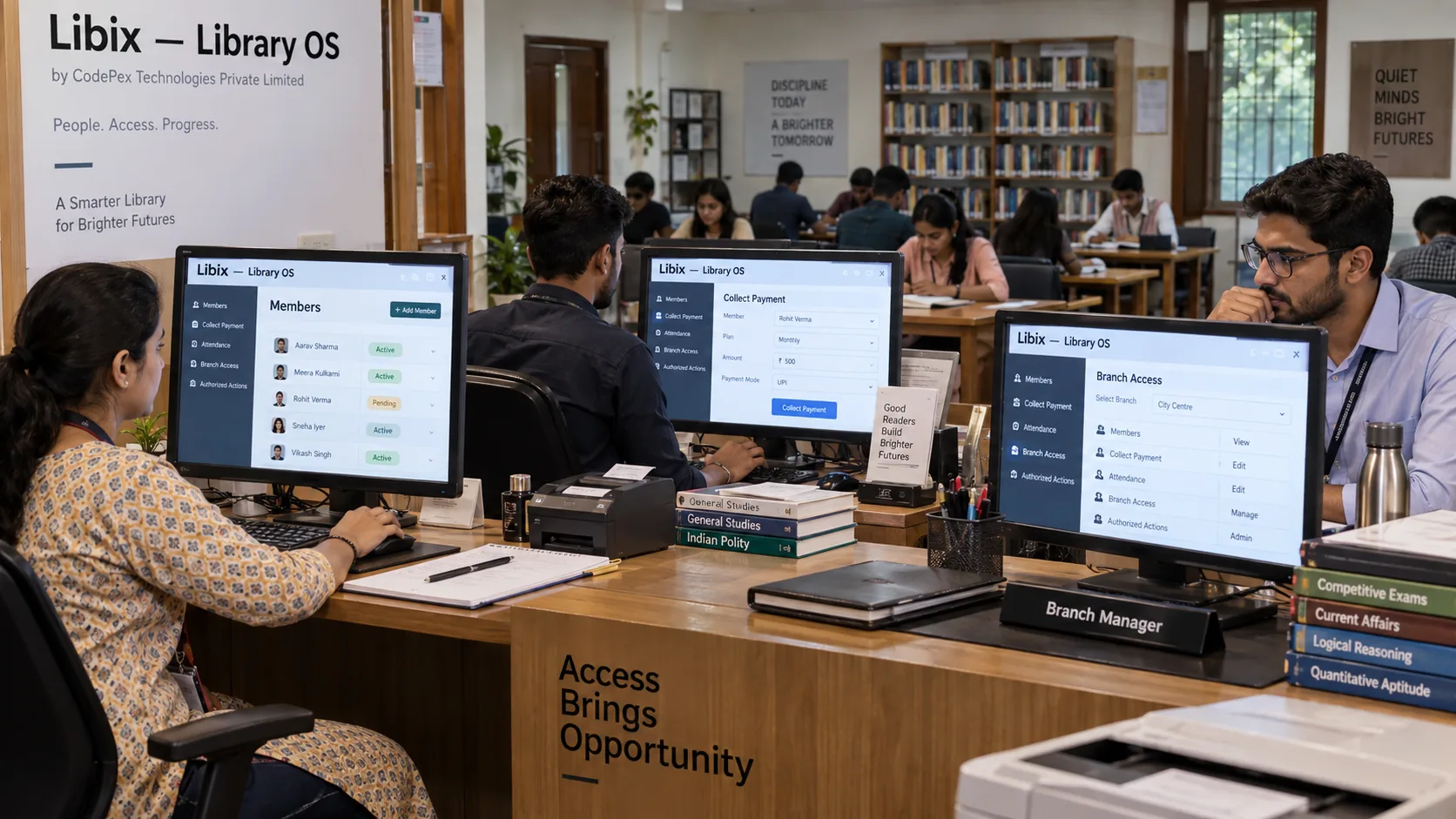 Young adult study library staff using role-based access controls in Libix at a Tier-2 or Tier-3 Indian study library