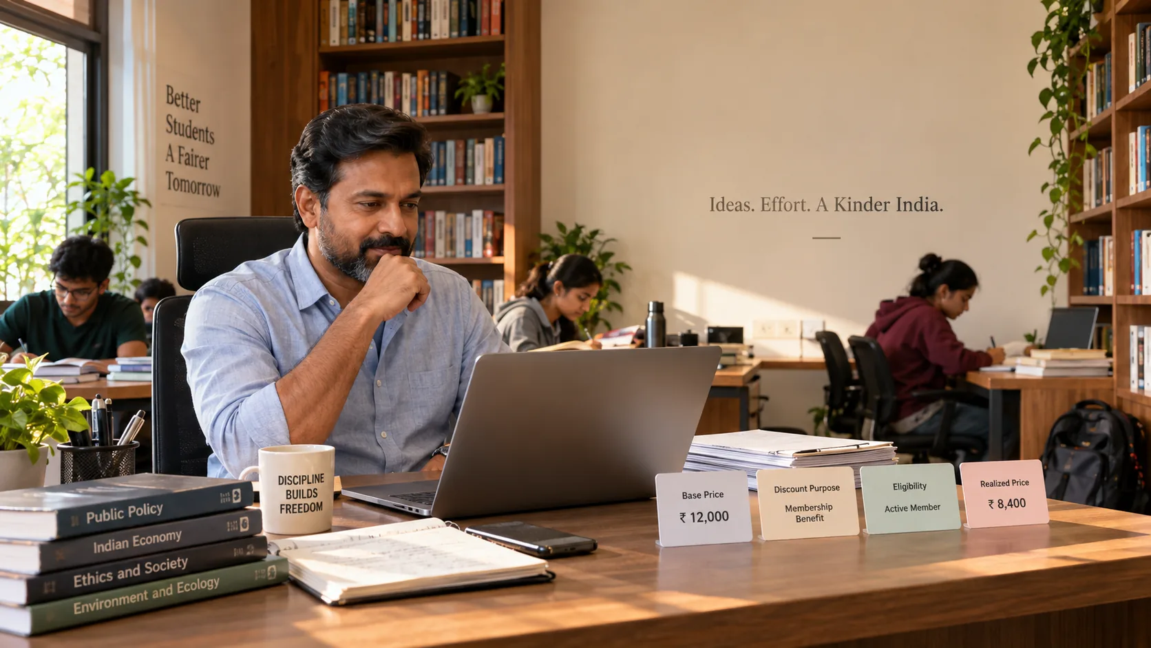 Indian study library owner reviewing a membership discount decision