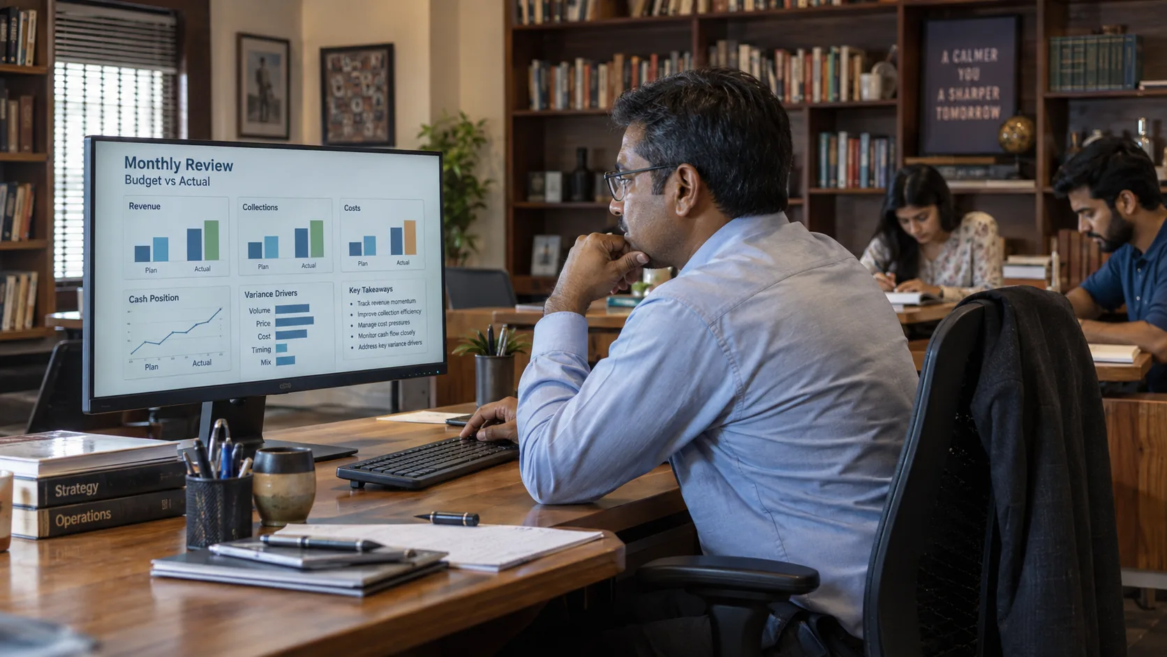 Study library manager conducting a budget versus actual monthly review
