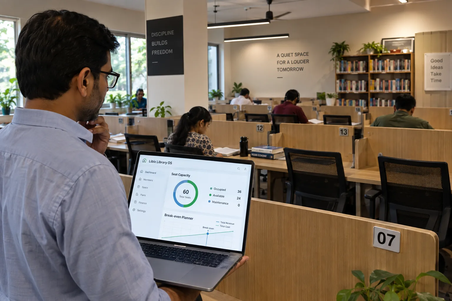 Study library owner comparing seat capacity with the memberships required to break even