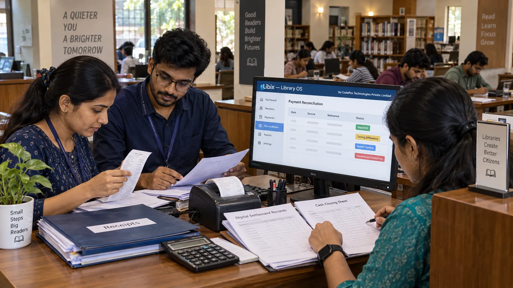 Study library staff reconciling cash receipts and digital payment settlements in Libix