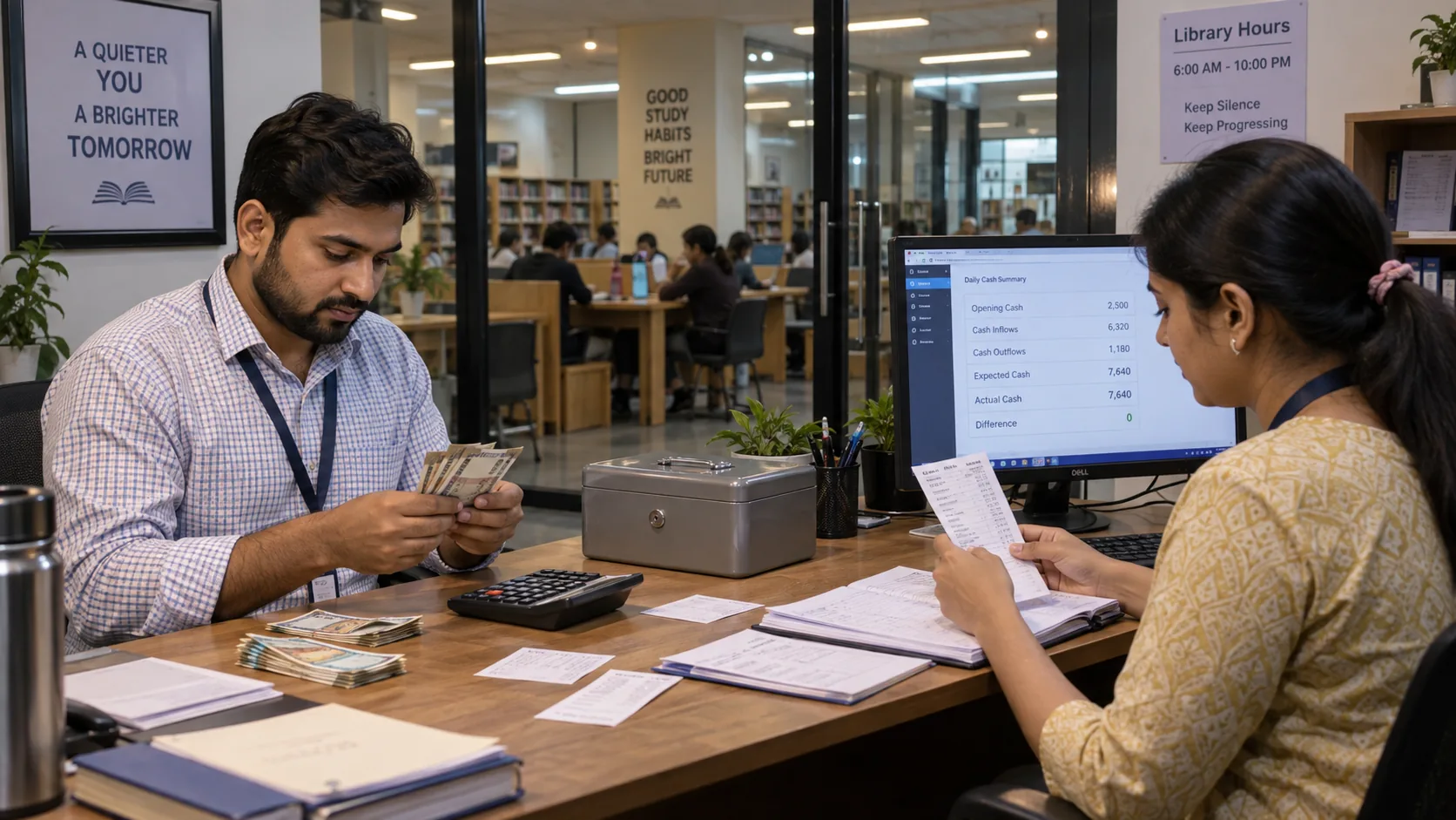 Study library staff counting physical cash during daily closing and handover