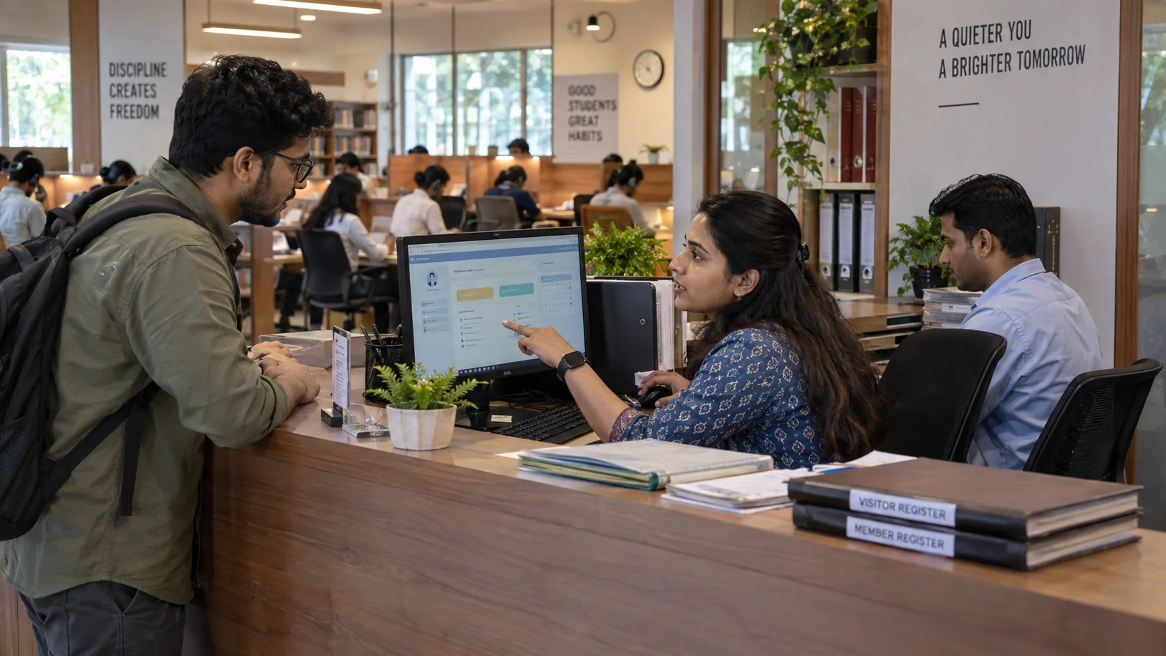 Study library staff using Libix to answer a member question while operational registers remain available