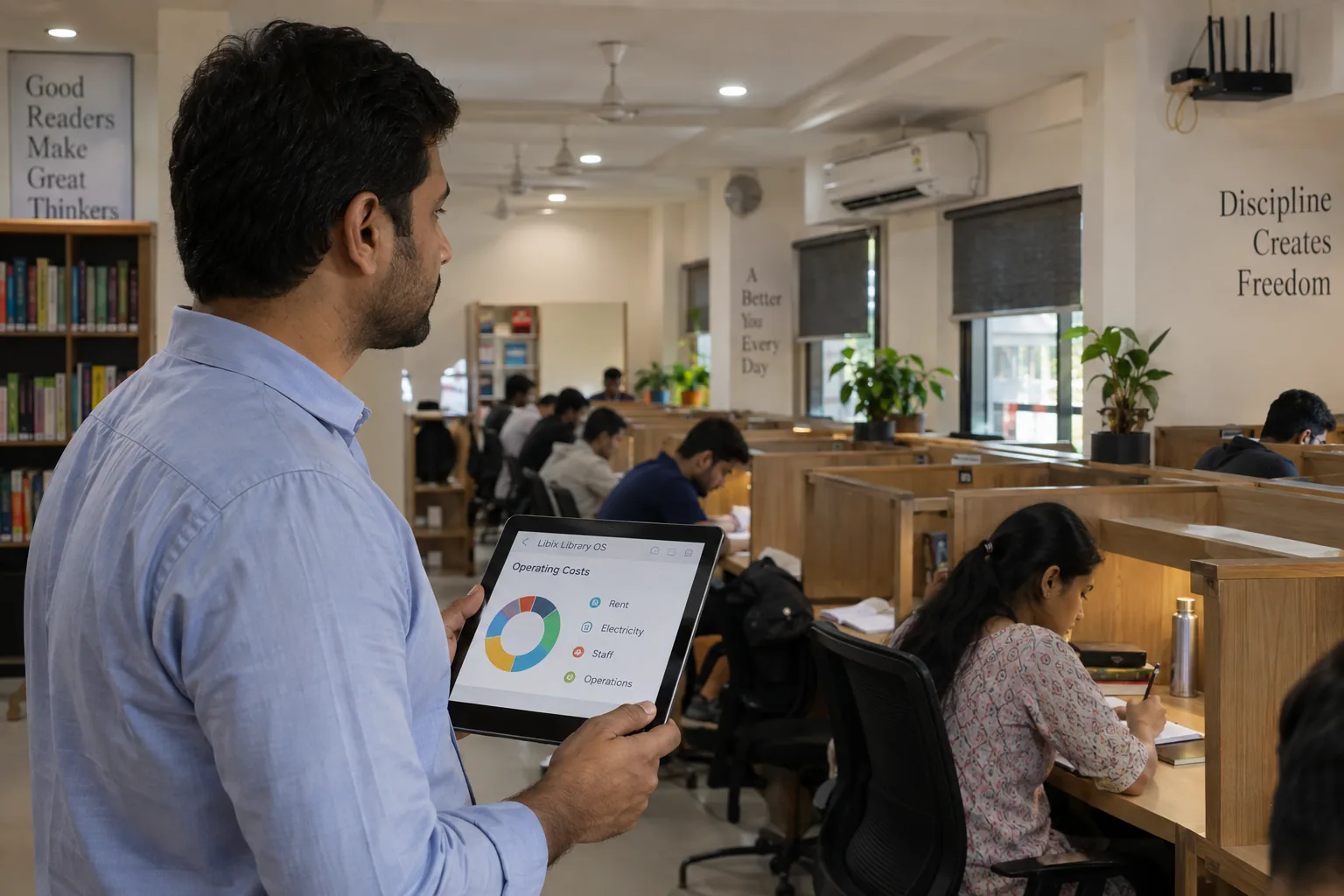 Study library manager analysing how rent electricity staffing and other costs change as operations grow