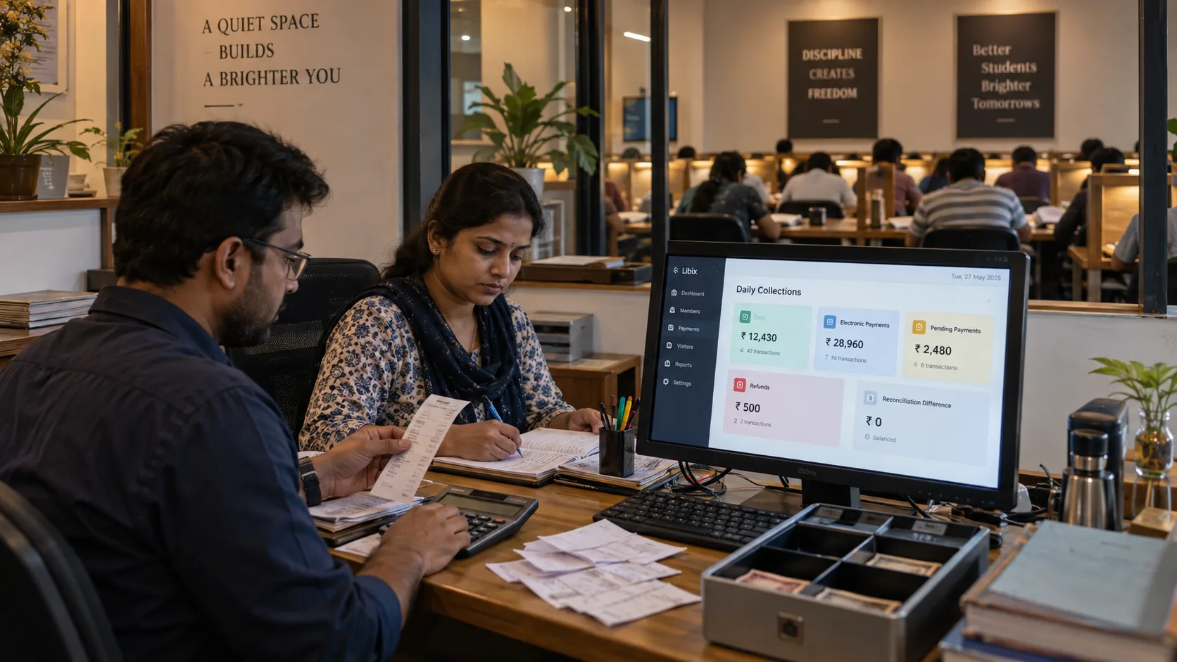 Study library manager reviewing daily cash and electronic fee collections during closing