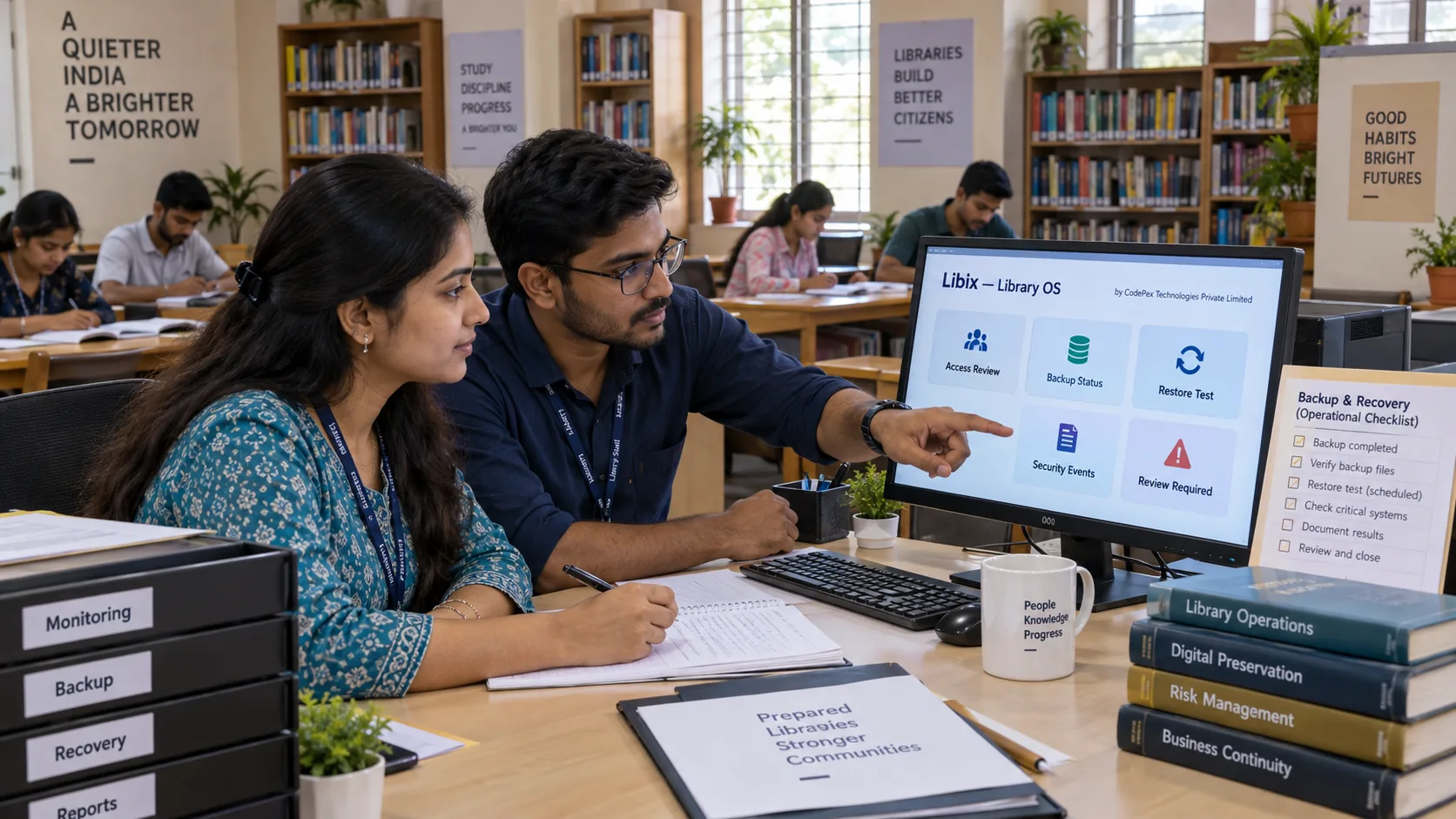 Young adult study library staff reviewing security monitoring and recovery readiness in Libix