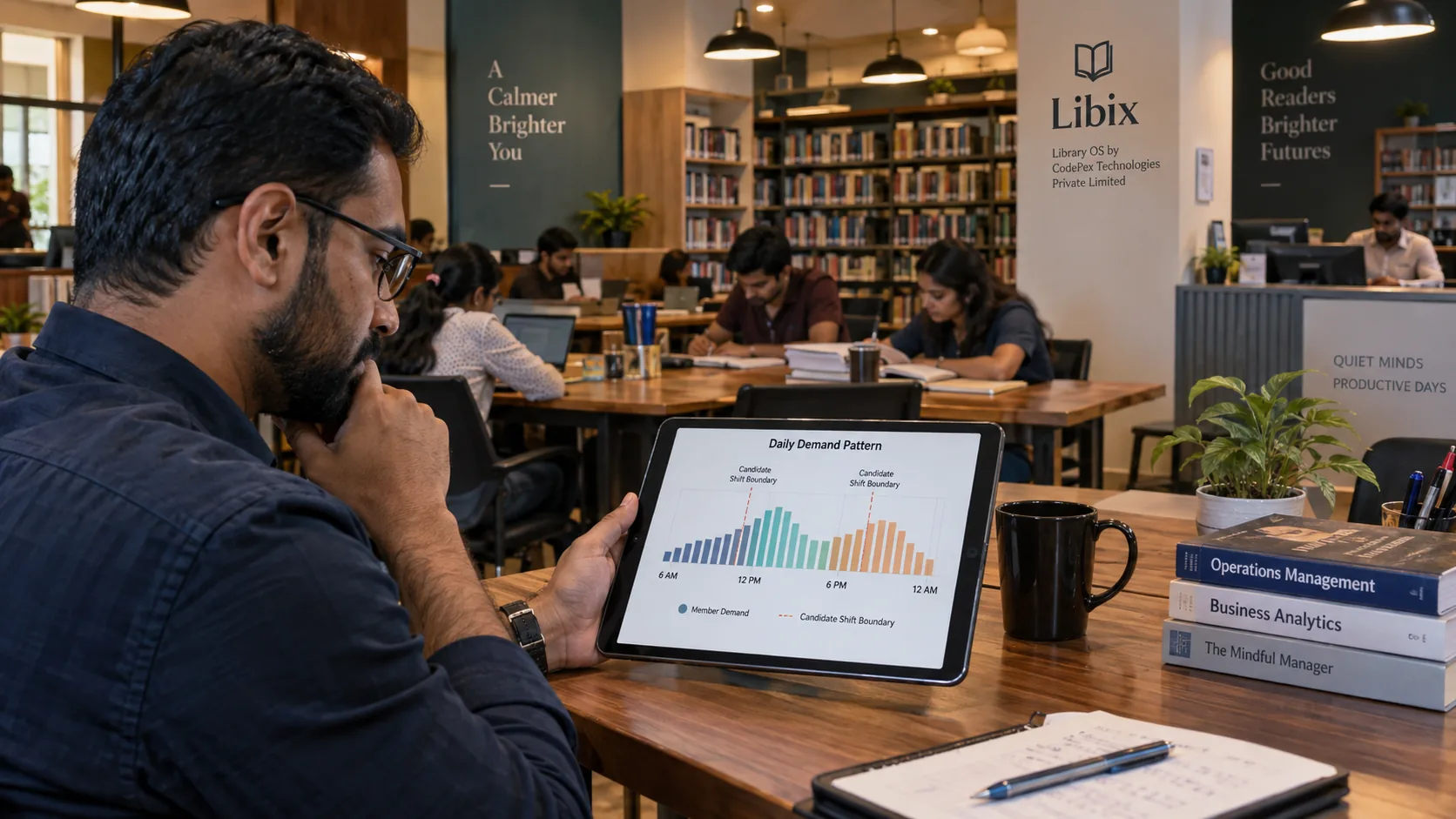 Study library manager analysing member demand patterns before designing study shifts