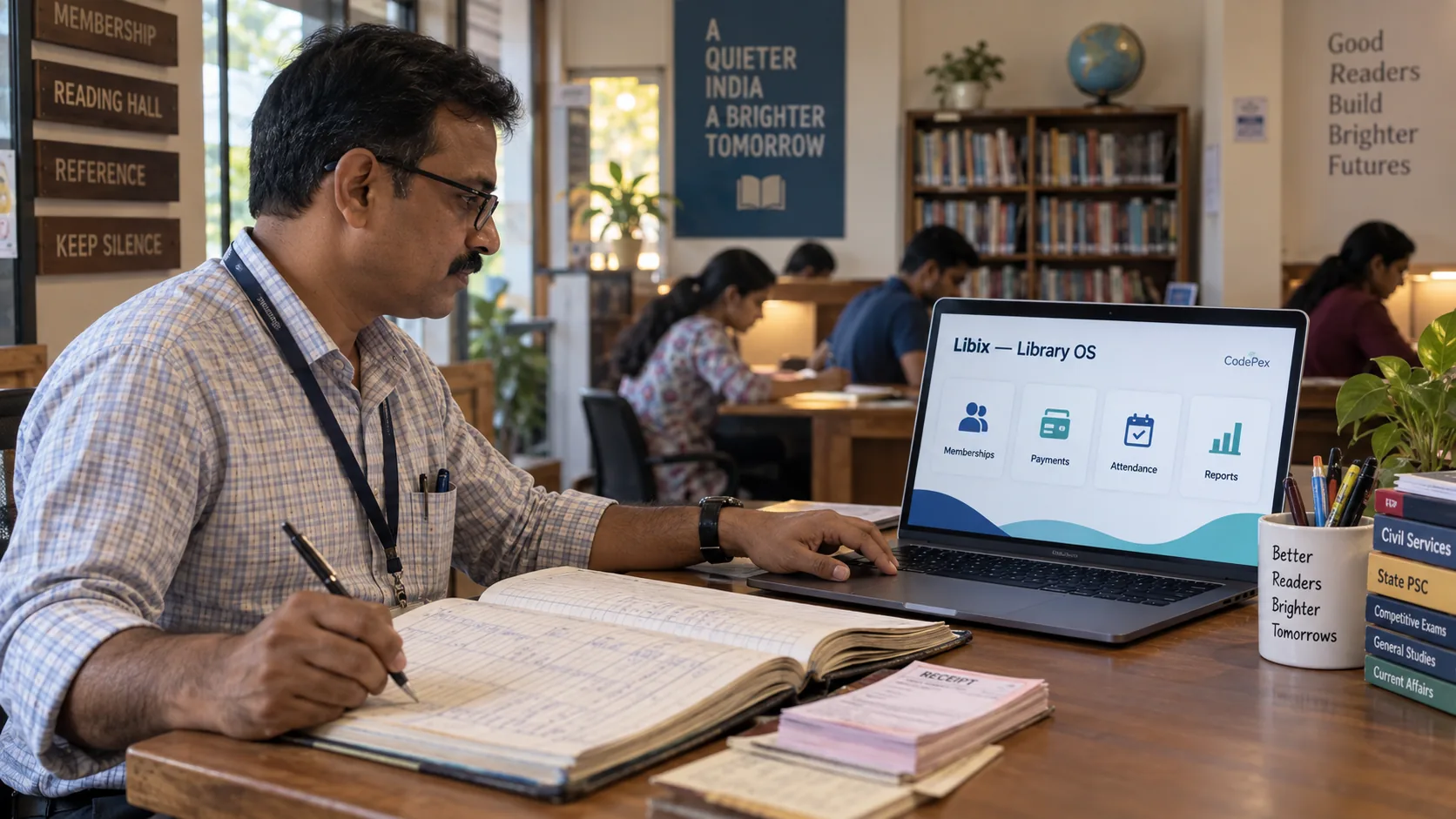 Study library staff moving from paper registers to connected Libix digital workflows for memberships payments attendance and reports