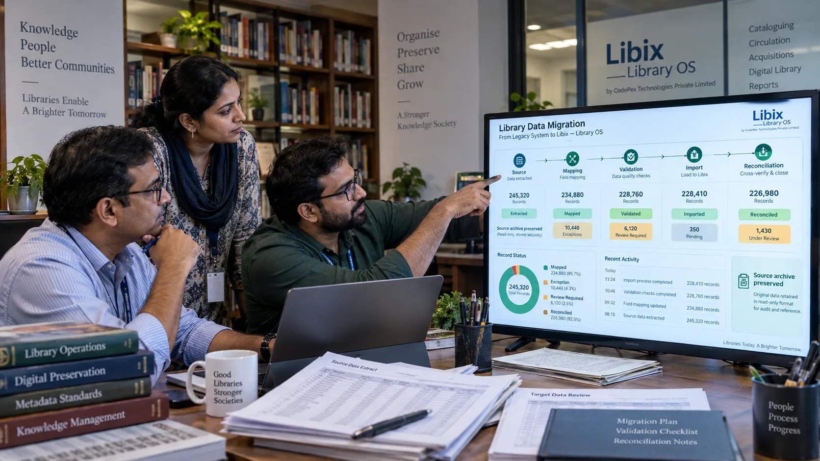 Study library managers reviewing source to target data mapping and migration reconciliation