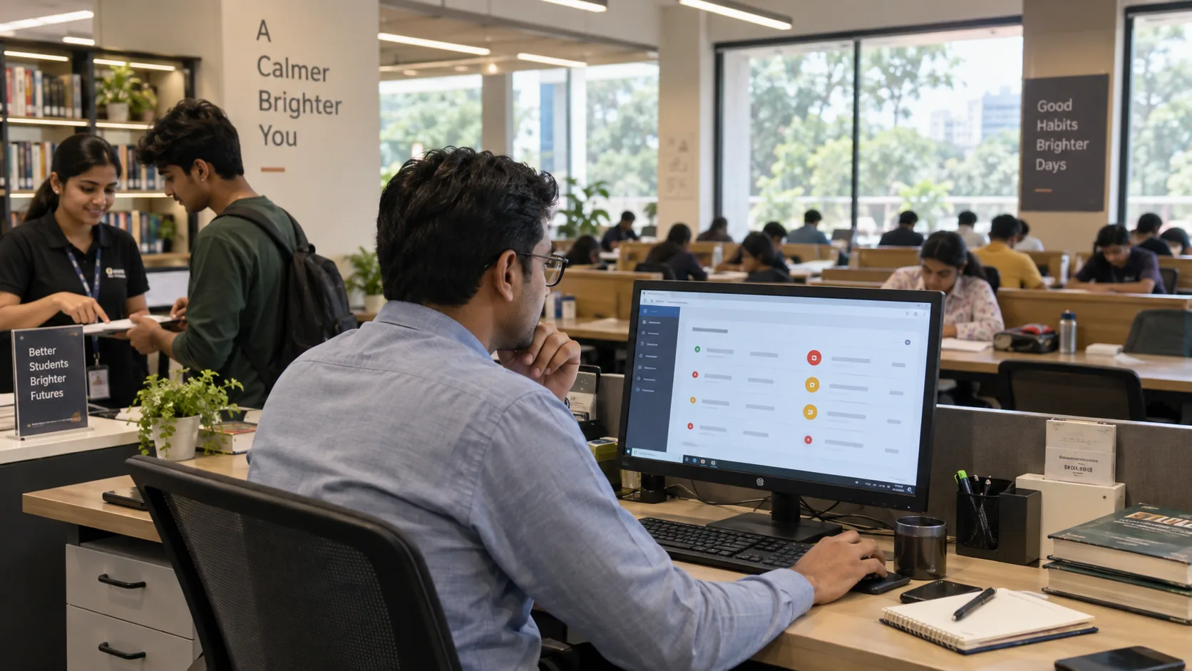 Study library manager reviewing a focused operational worklist while staff handle routine member service
