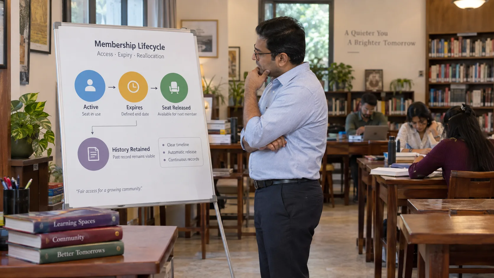 Study library manager reviewing expired membership seat release and lifecycle records