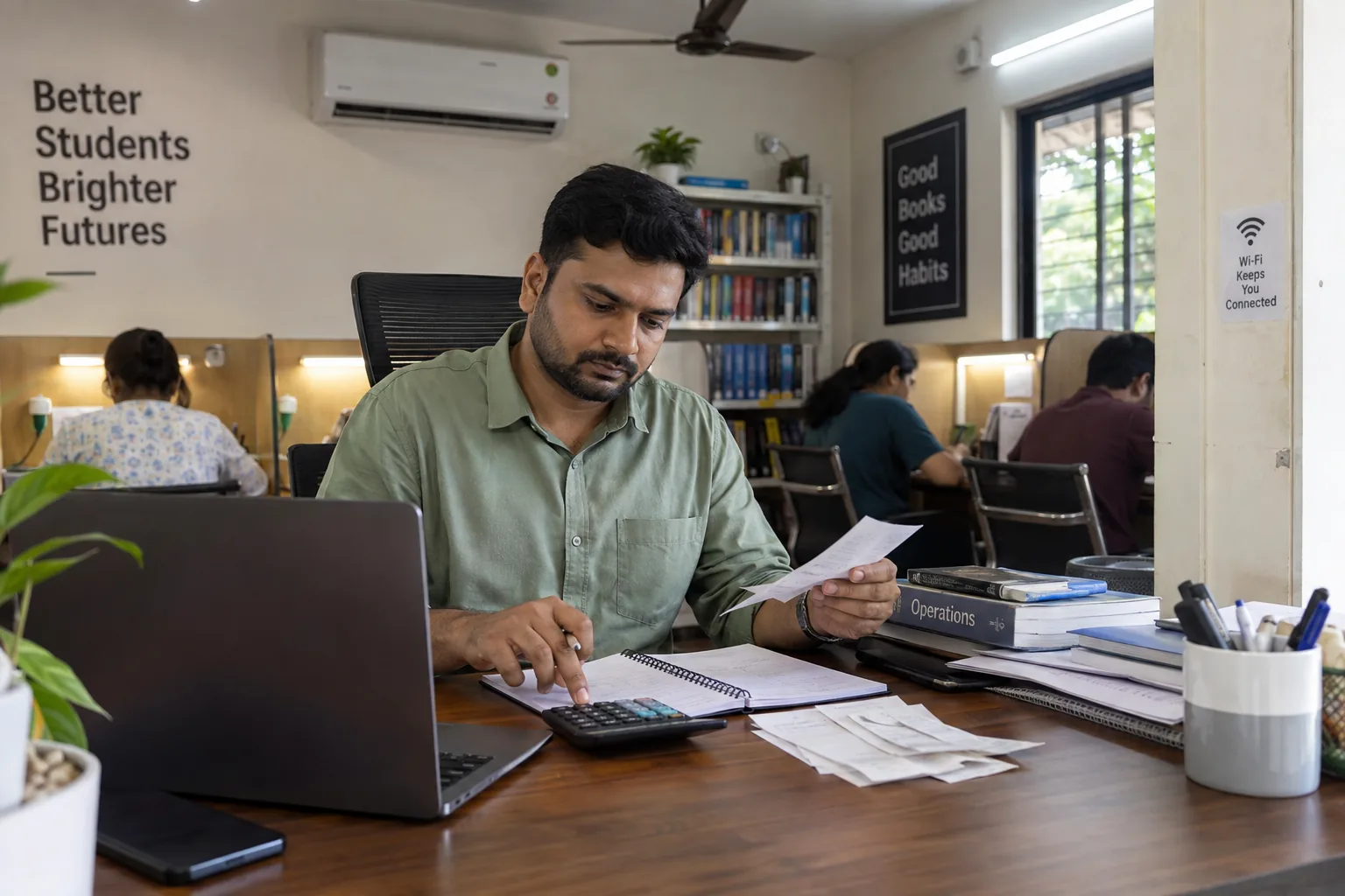 Indian study library owner reviewing fixed variable mixed and step operating costs
