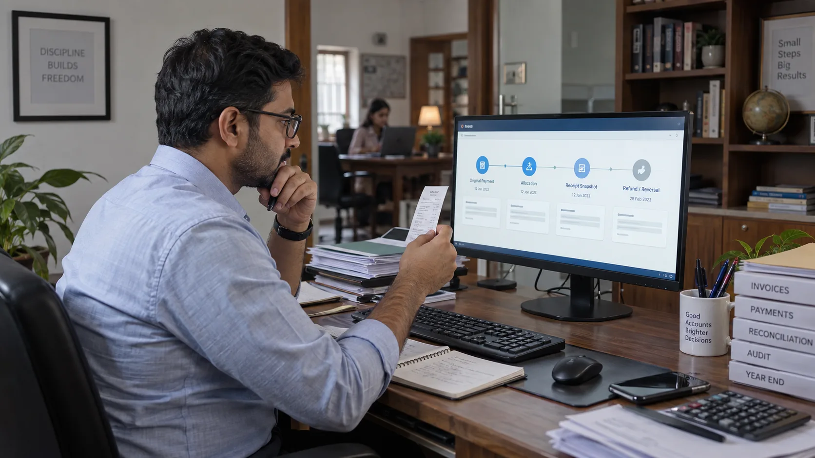 Study library accounts manager comparing historical receipt with linked payment and audit history