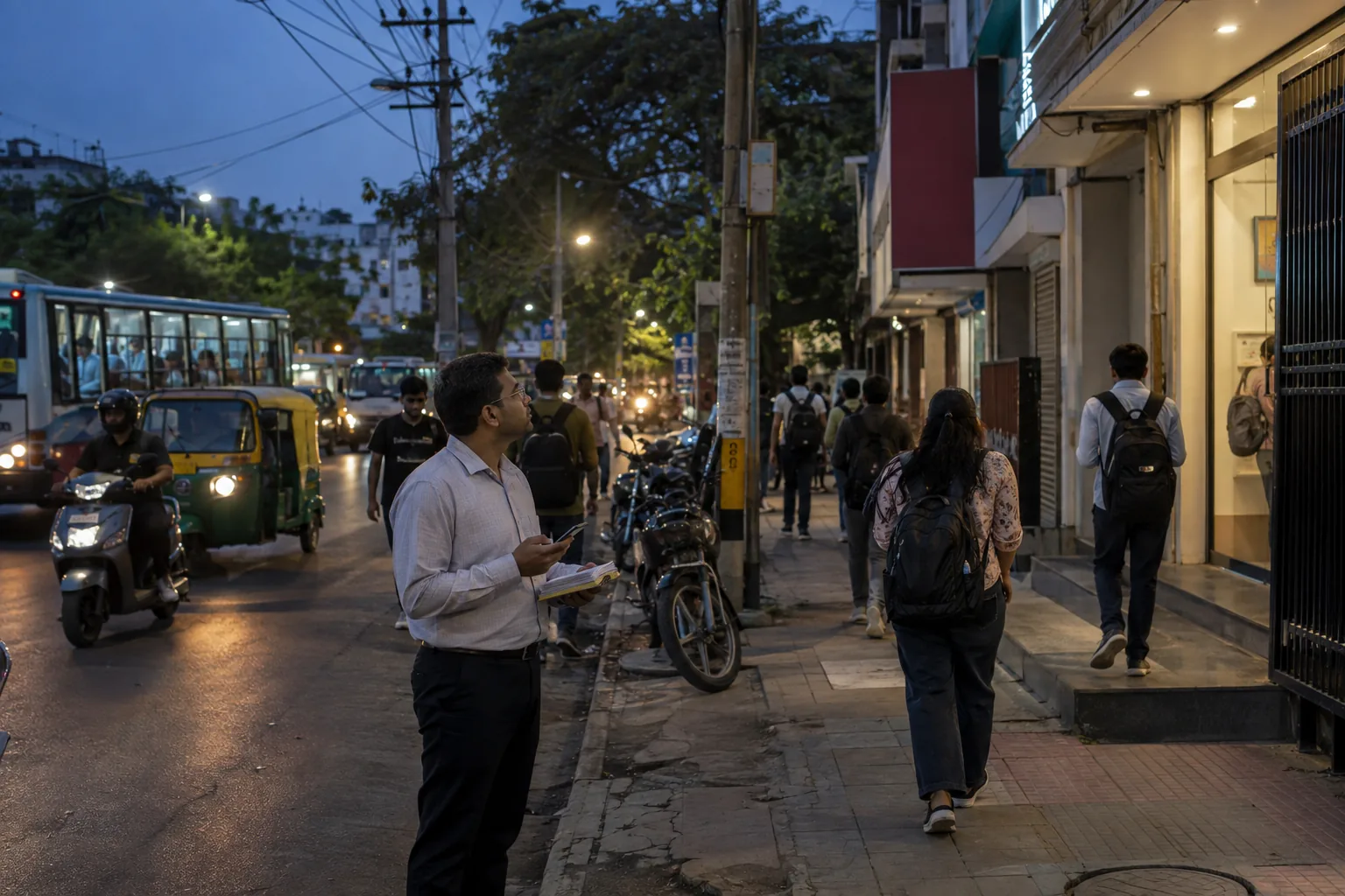 Study library owner evaluating access lighting transport and student movement around a potential location in India