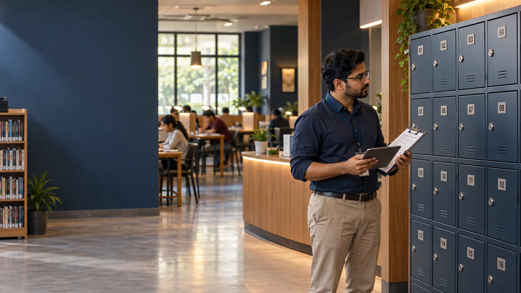Indian study library manager reviewing locker availability and allocations in Libix Library OS