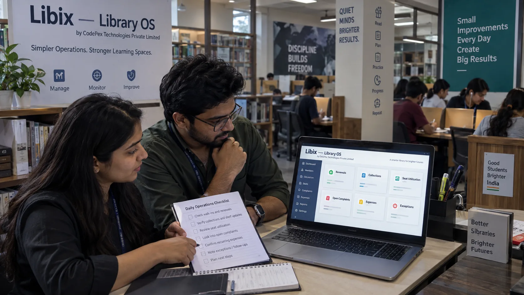 Indian study library staff reviewing operations and exceptions using Libix Library OS