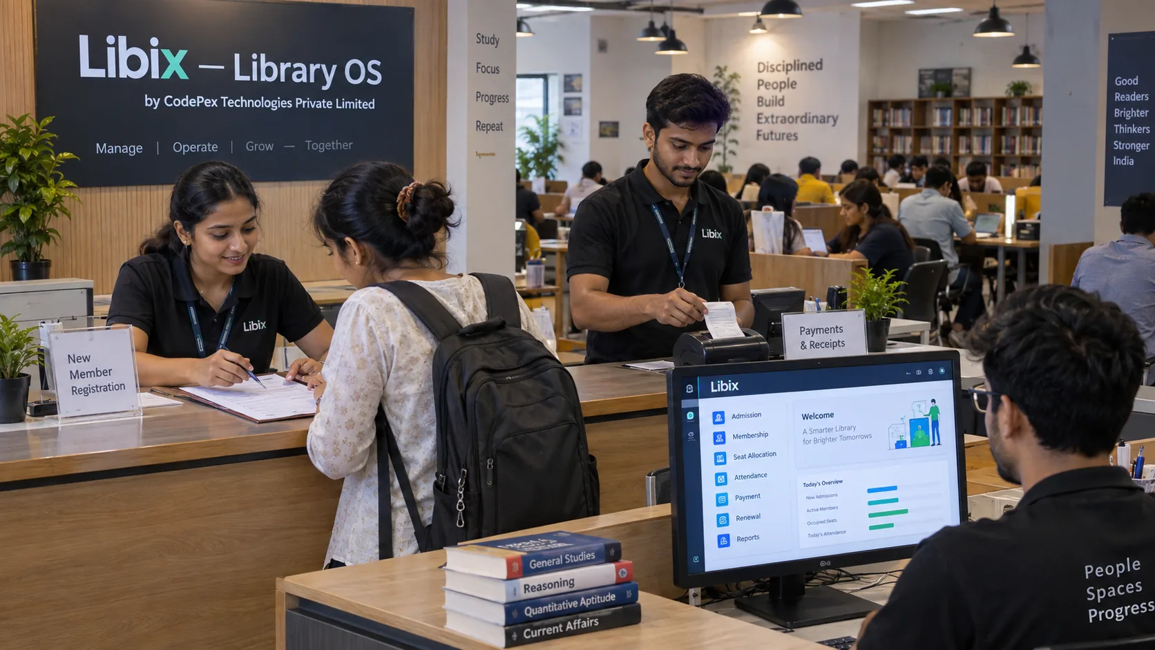 Libix study library management system connecting admissions memberships seats attendance fees renewals and reports