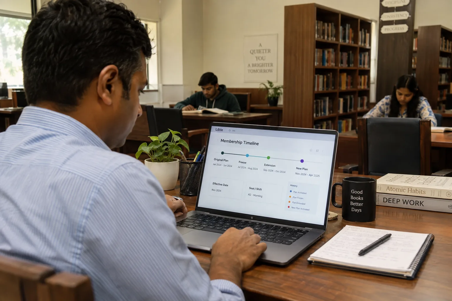 Study library manager reviewing effective dated membership plan and seat entitlement changes