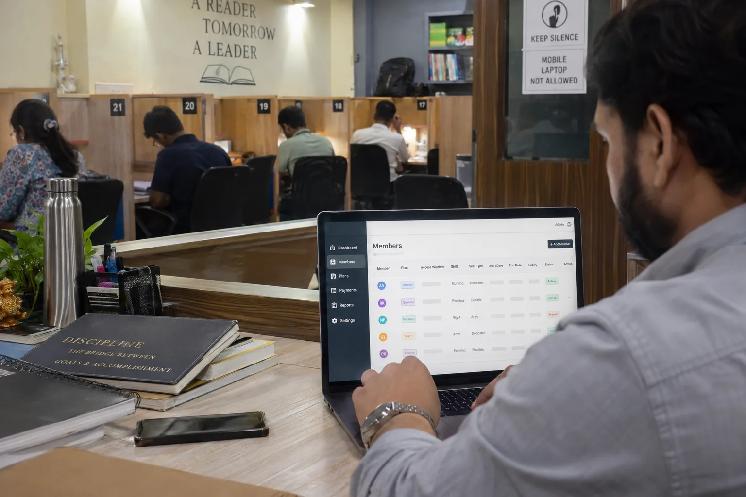 Study library administrator reviewing membership access seat shift expiry renewal and plan history