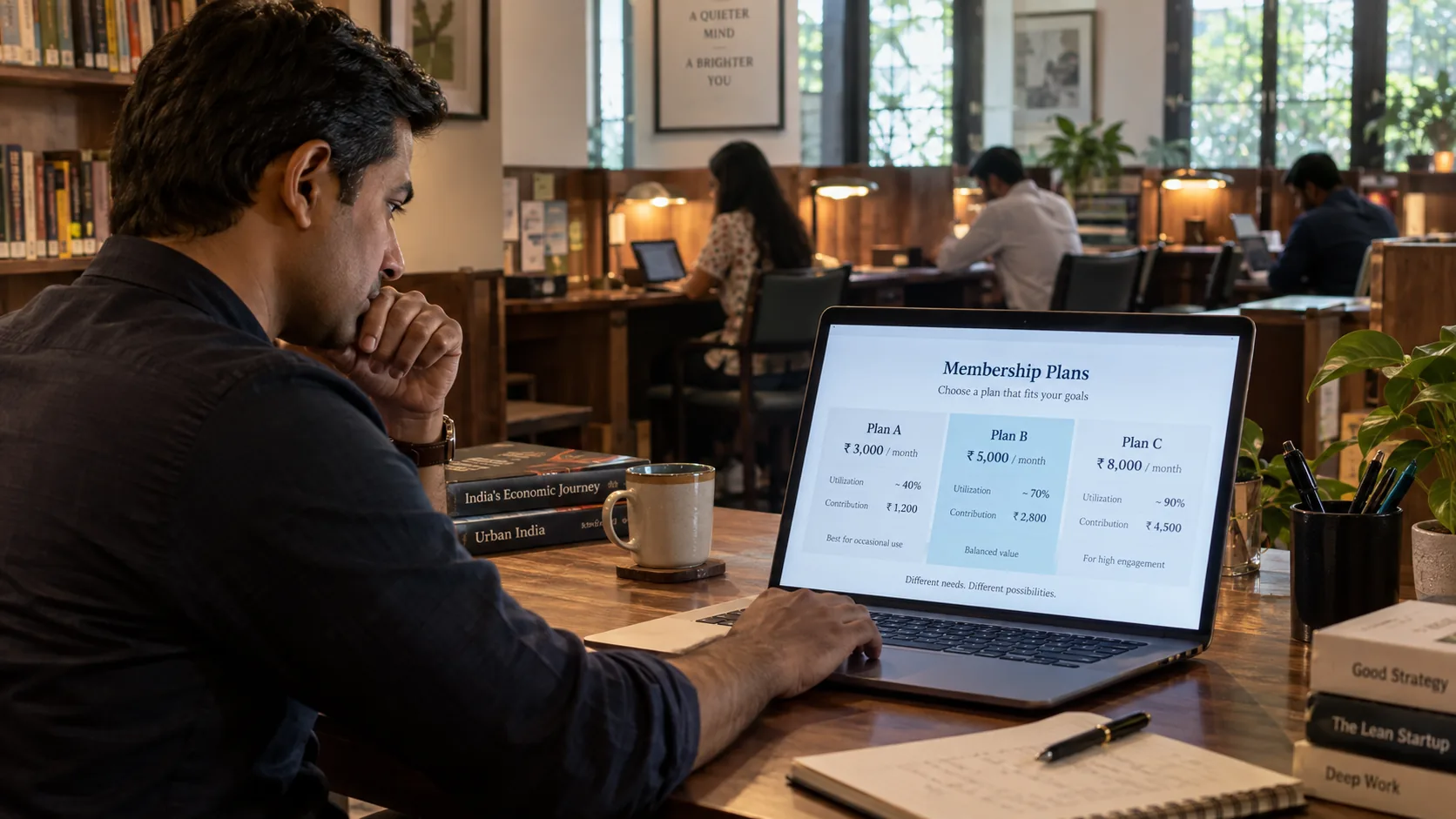 Study library manager comparing membership price utilization and contribution scenarios